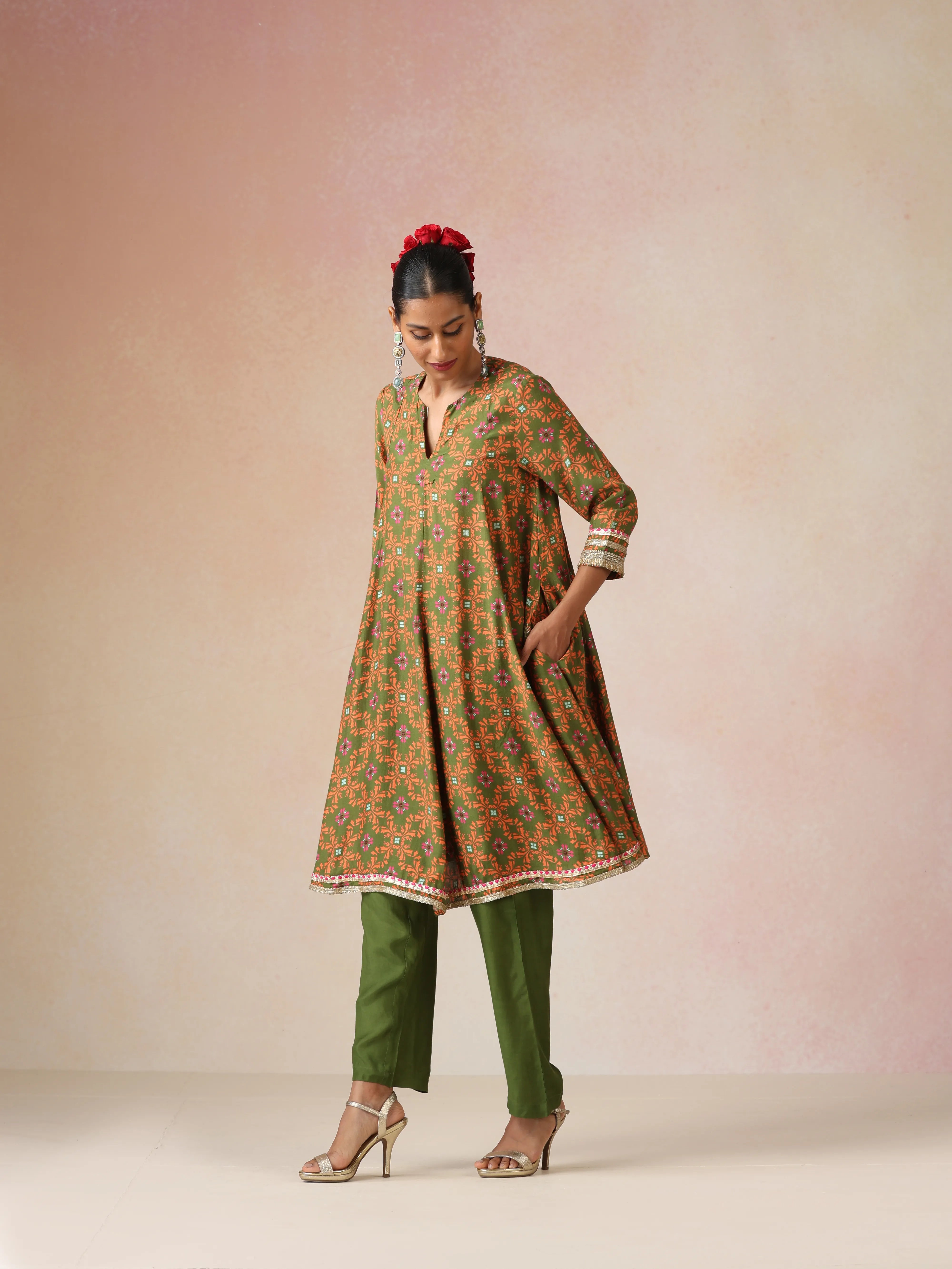 trueBrowns Dark Green Orange Jaal Print Viscose Flared Kurta Co-ord Set