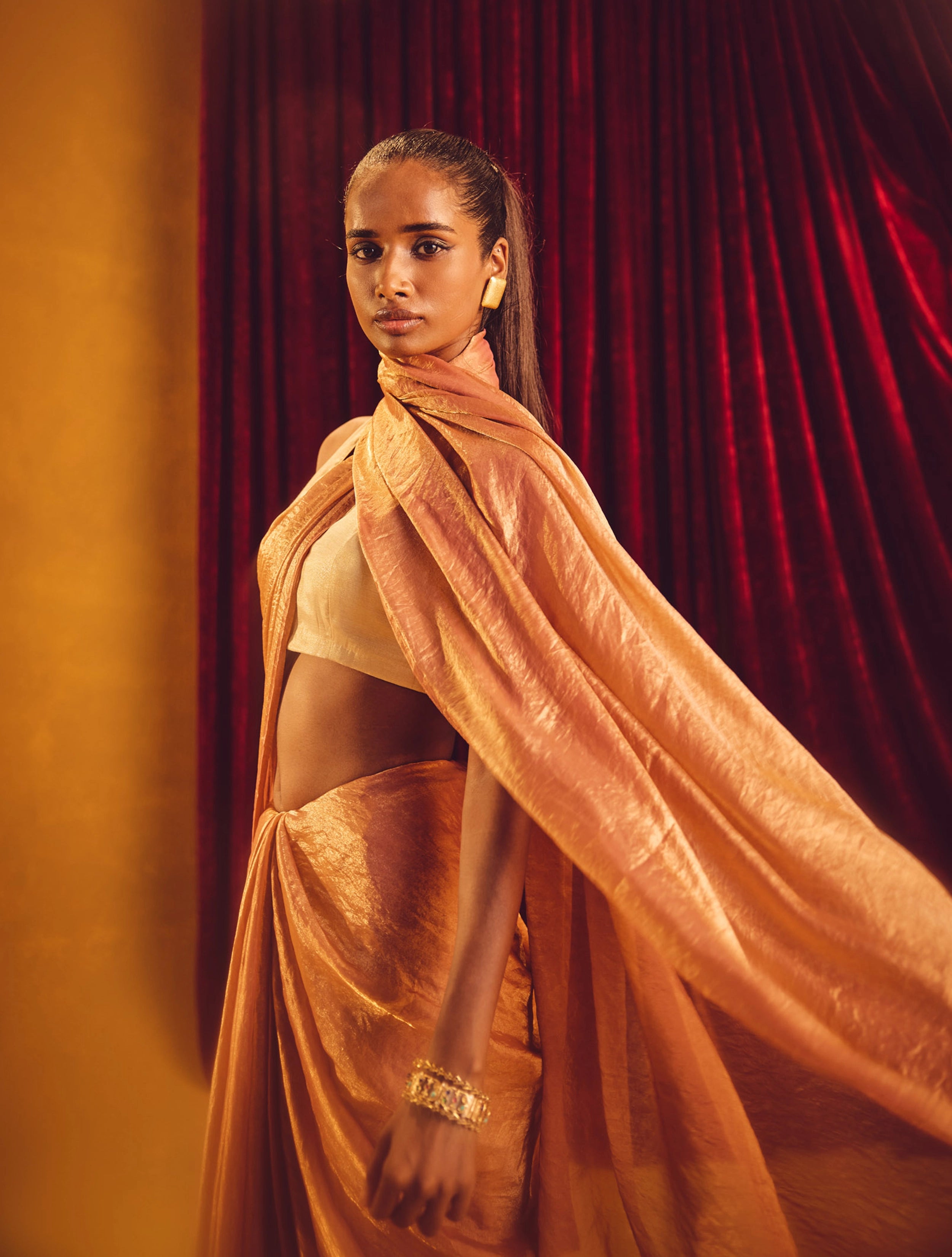 trueBrowns Peach Copper Tissue Saree With Unstitched Blouse
