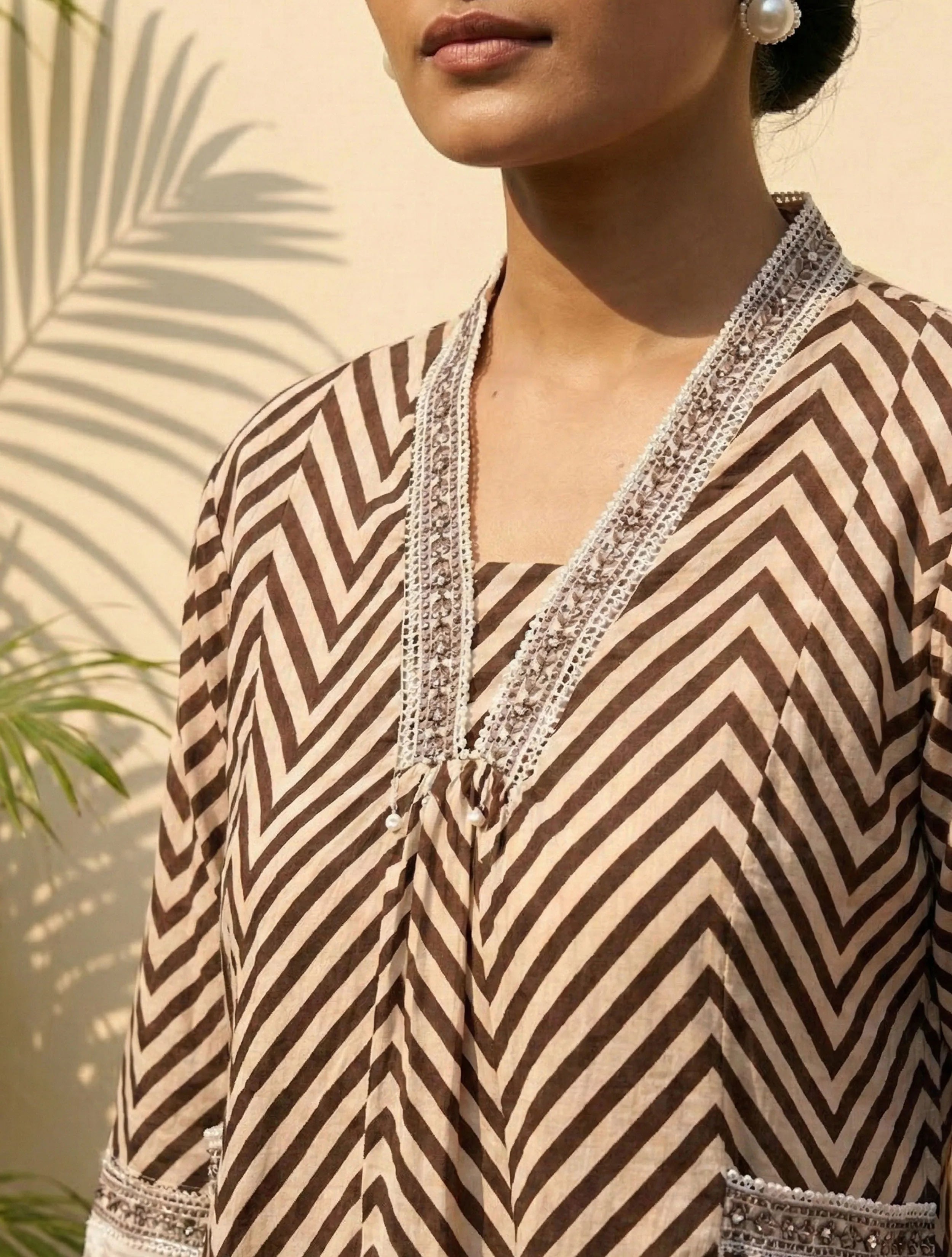 trueBrowns Brown Chevron Print Kurta Pant Dupatta Set