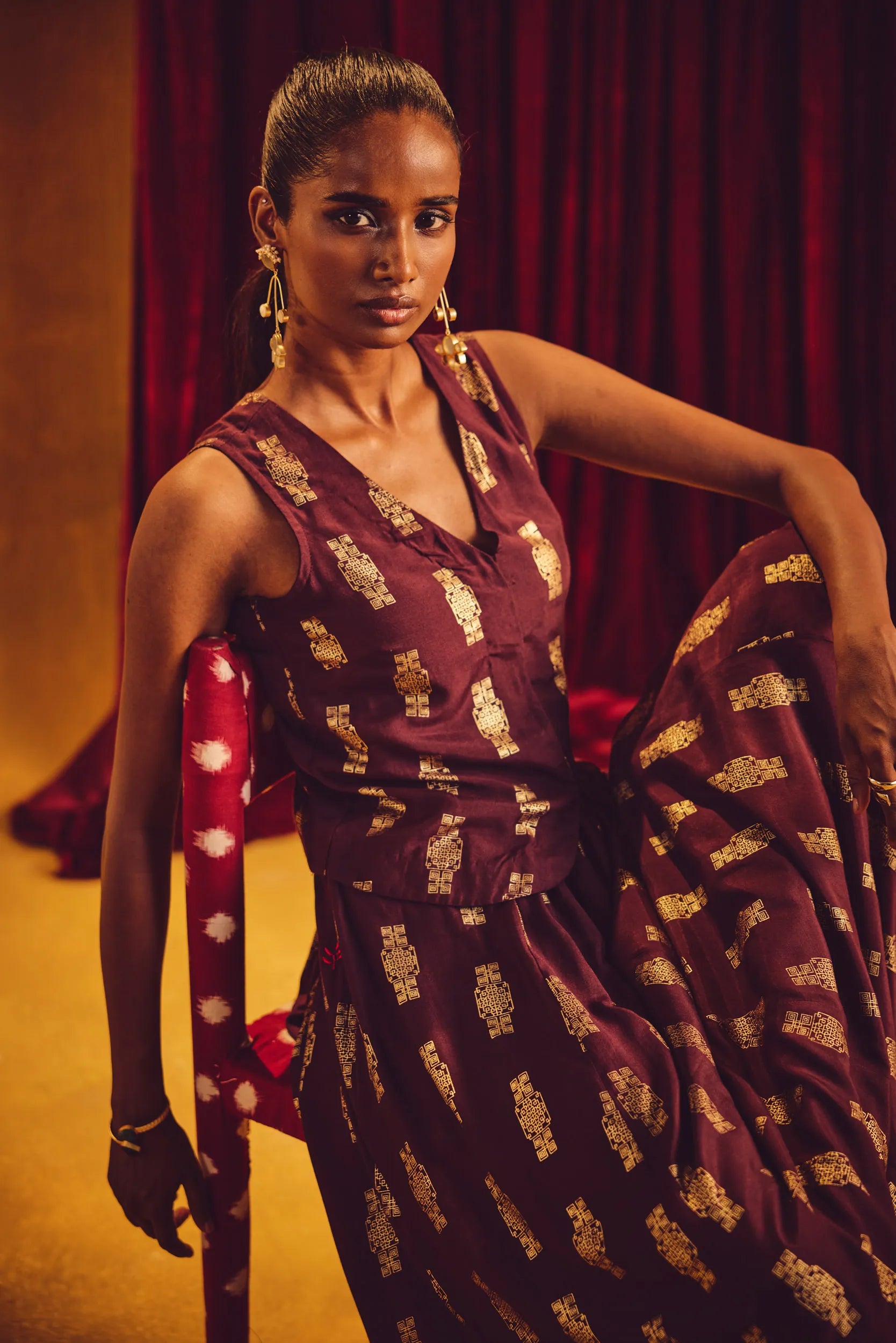 trueBrowns Cola Gold Foil Print Muslin Silk Jacket Skirt Co-ord Set