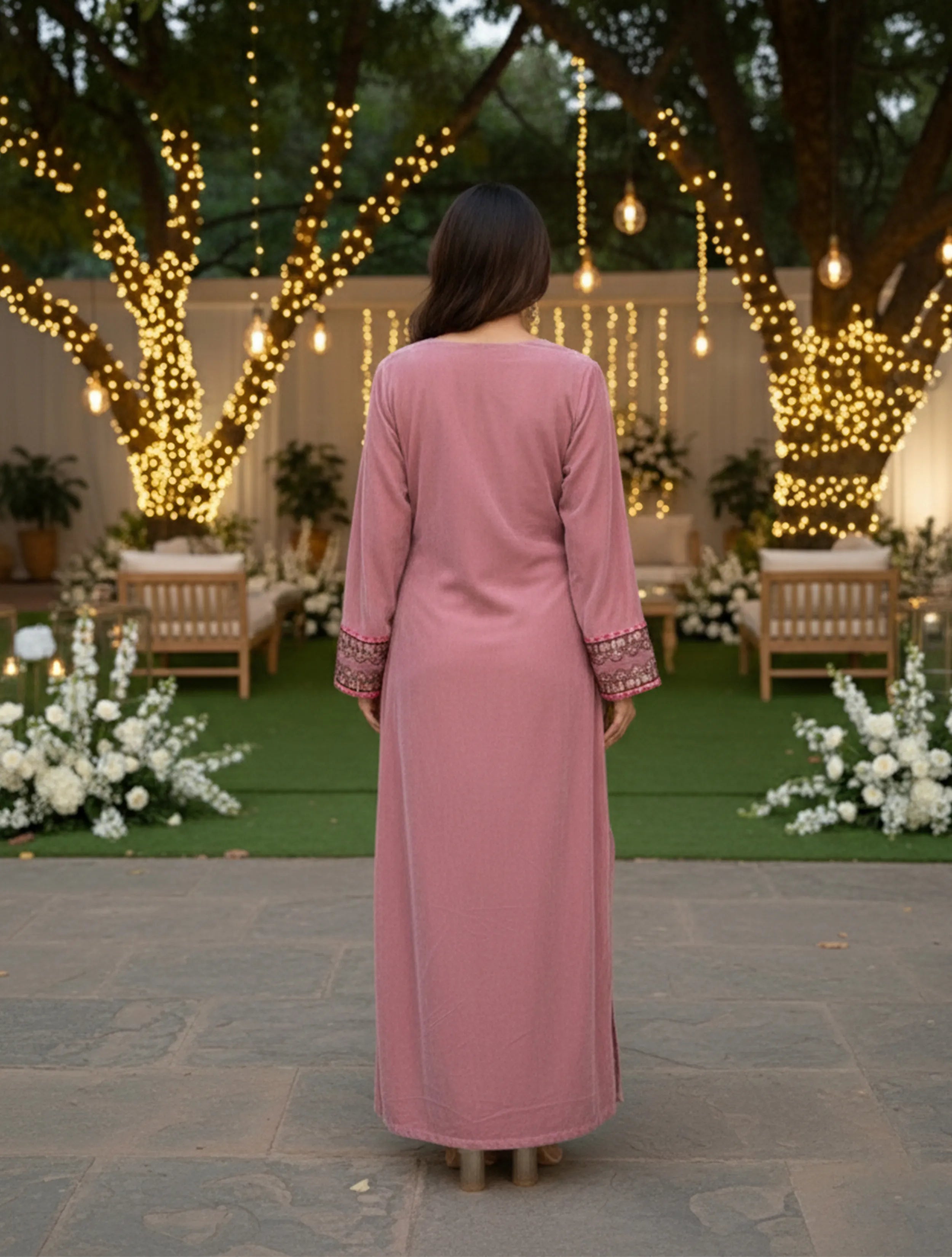 trueBrowns Pink Velvet Straight Maxi Dress