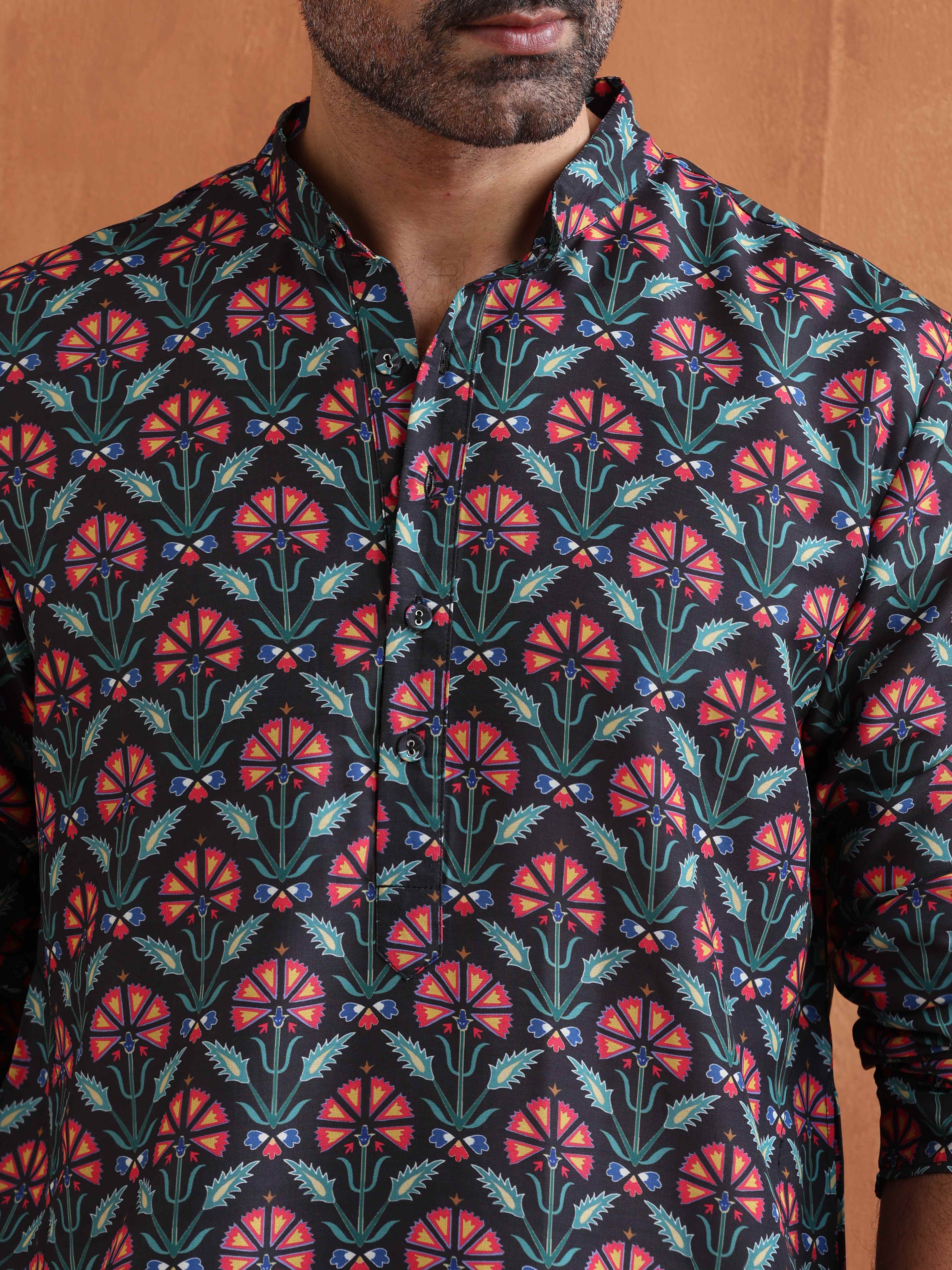 trueBrowns Men's Black Floral Printed Kurta