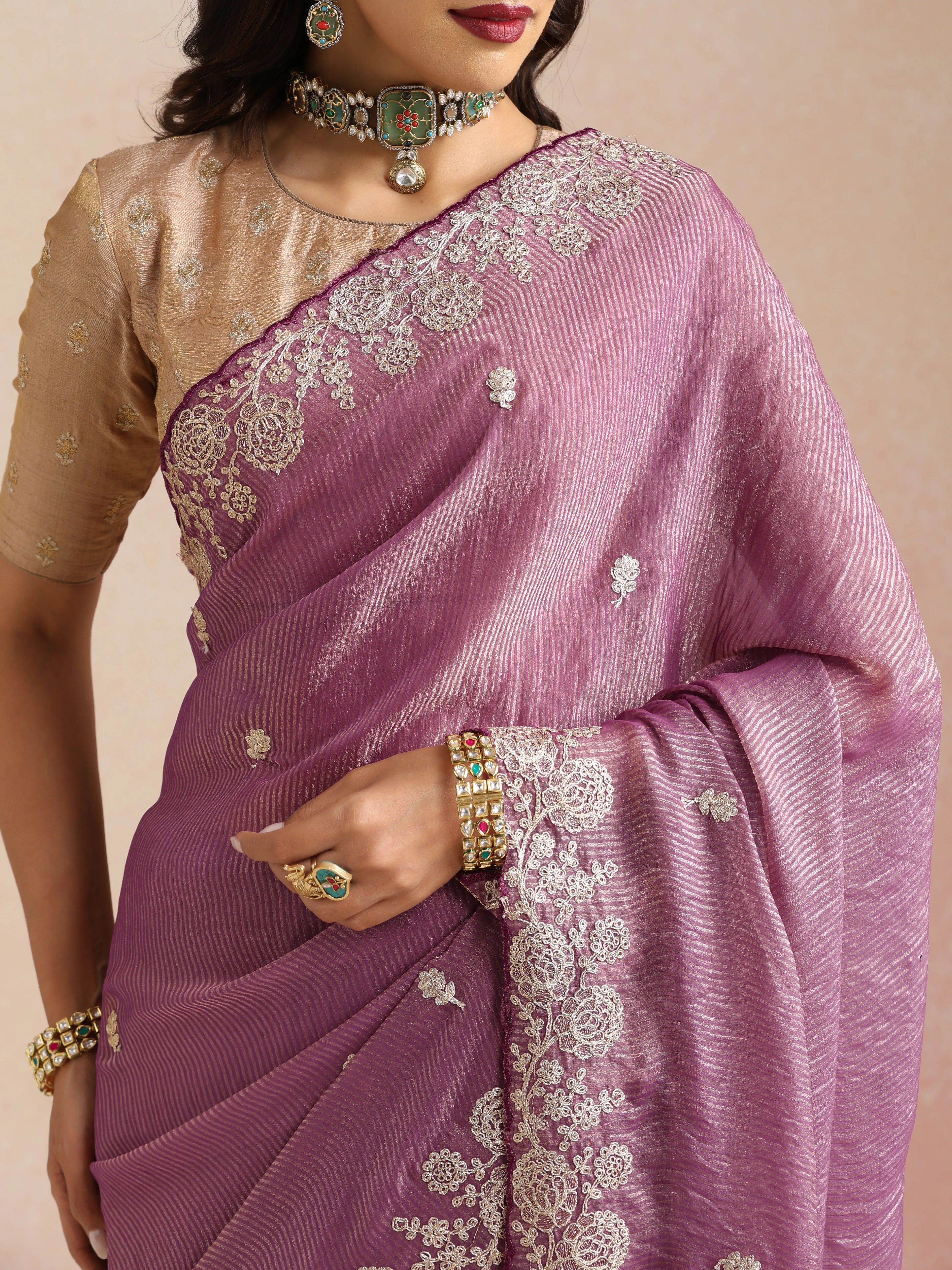 trueBrowns Purple Tissue Stripe Embroidery Weave Saree With Unstitched Blouse