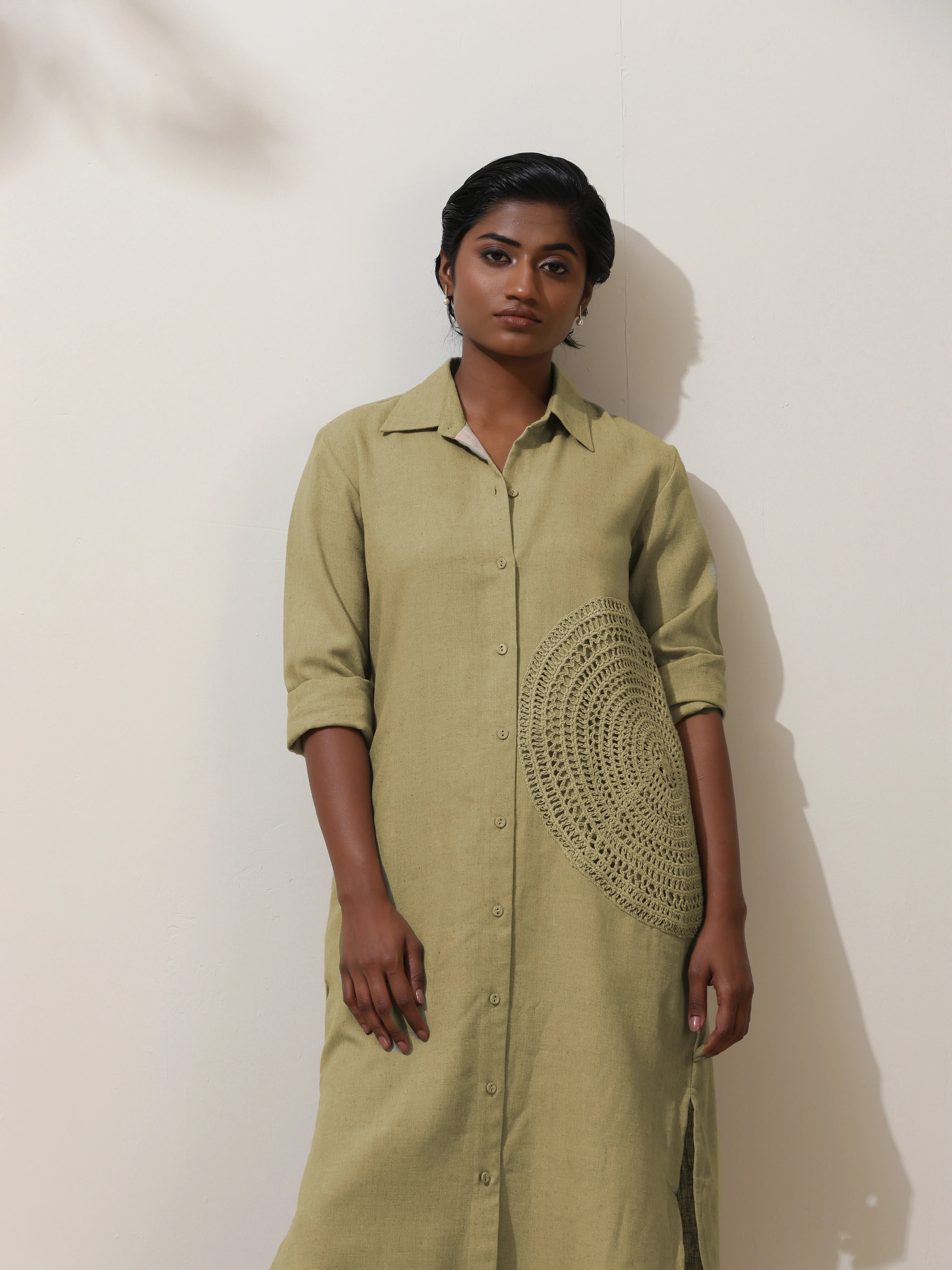 trueBrowns Fern Green Crochet Natural Cotton Kurta Pant Set