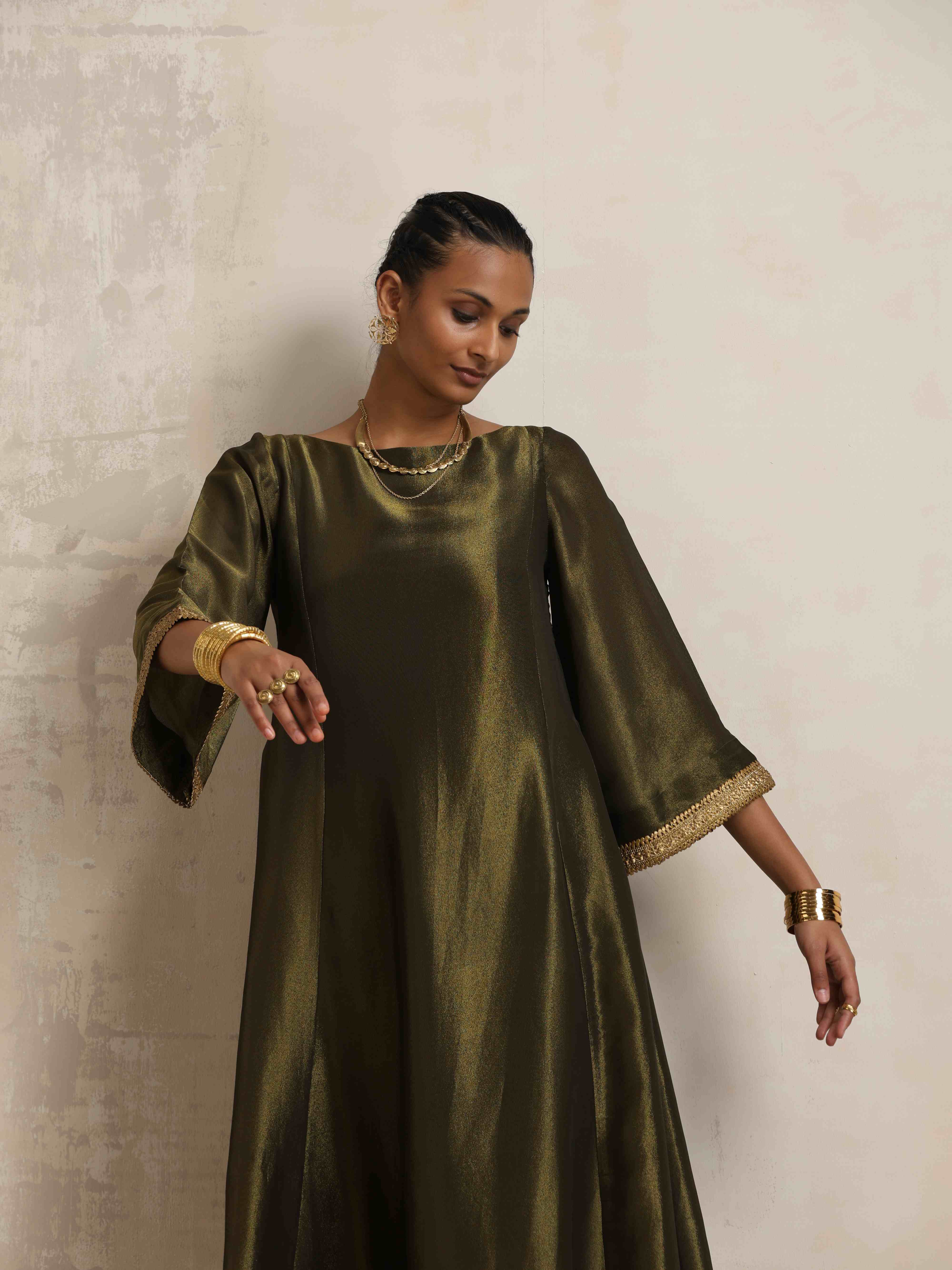 trueBrowns Olive Green Tissue Flared Anarkali Kurta Set