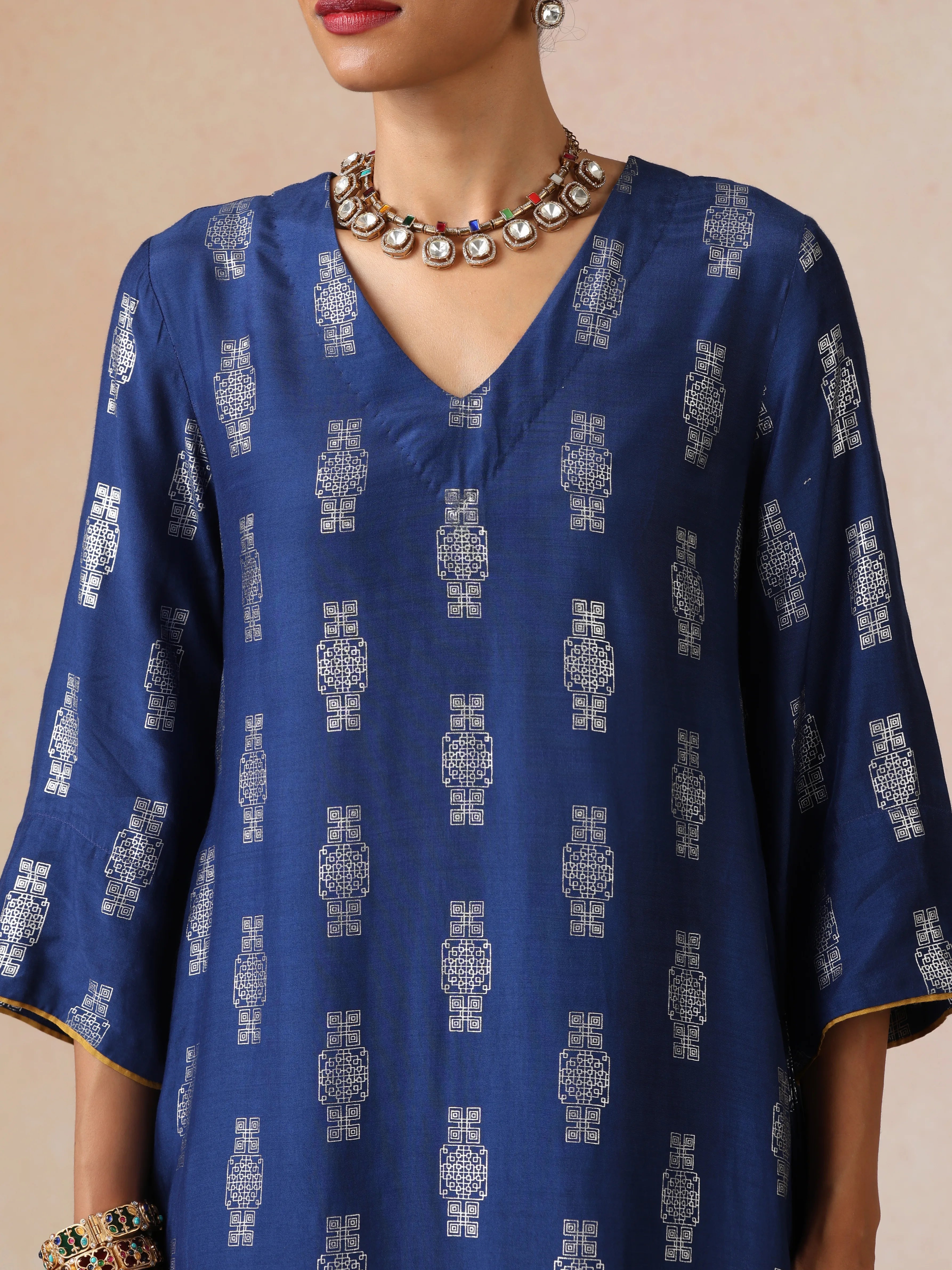 trueBrowns Blue Silver Foil Print Muslin Silk Kurta Farsi Pants Set