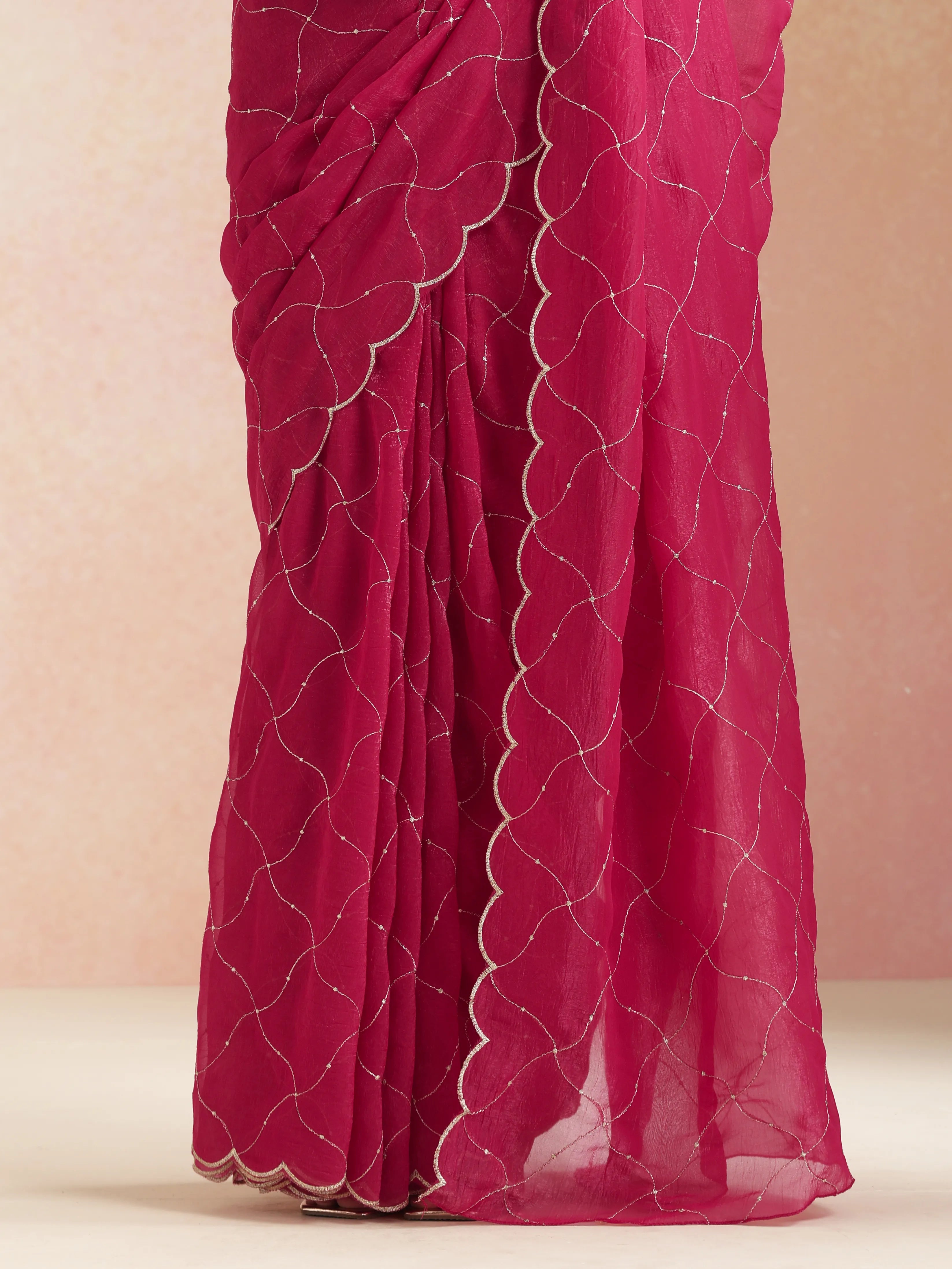 trueBrowns Pink Zari Jaal Embroidered Saree With Unstitched Blouse