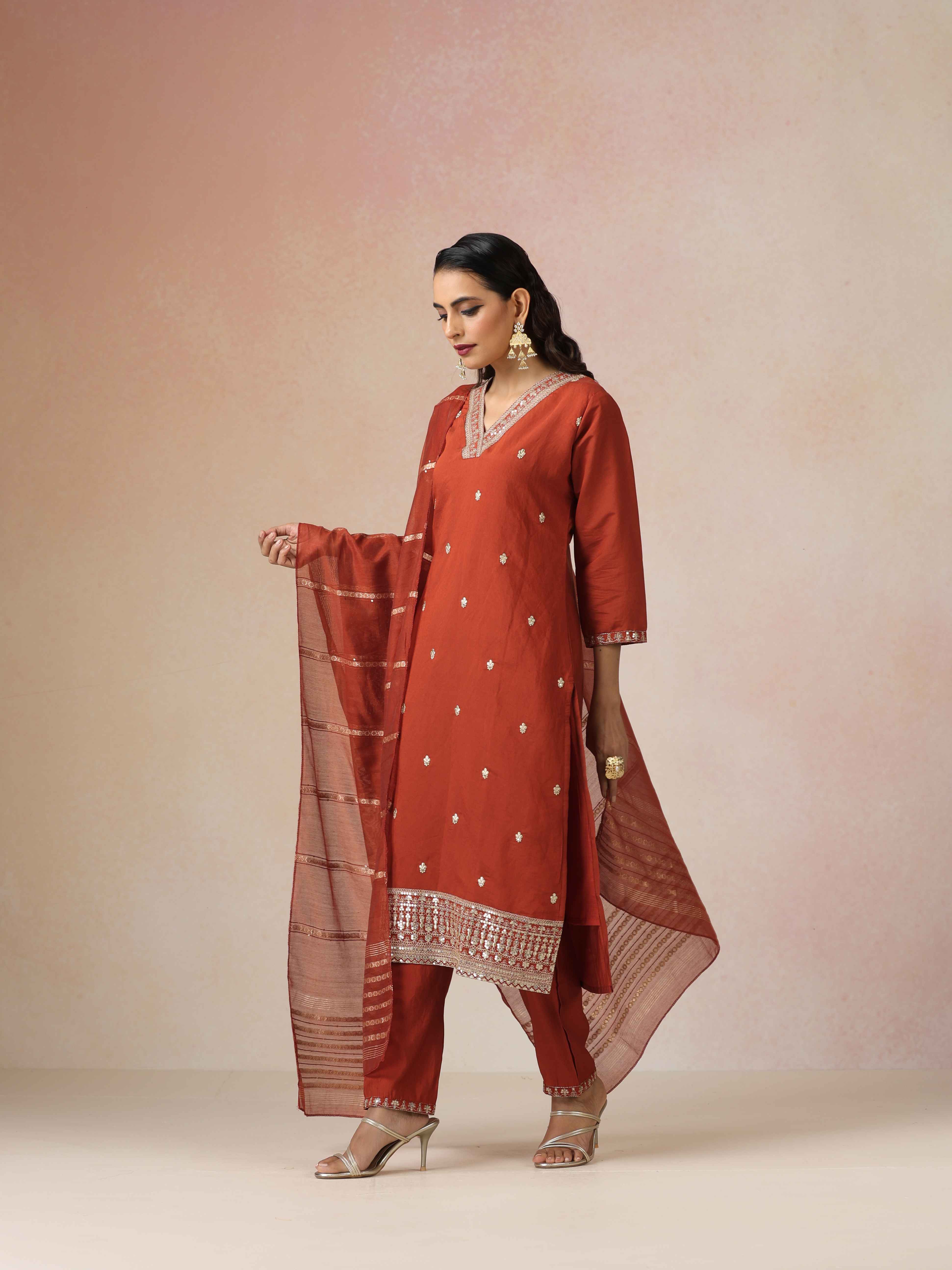 trueBrowns Rust Zari Embroidered Straight Kurta 3pc Set