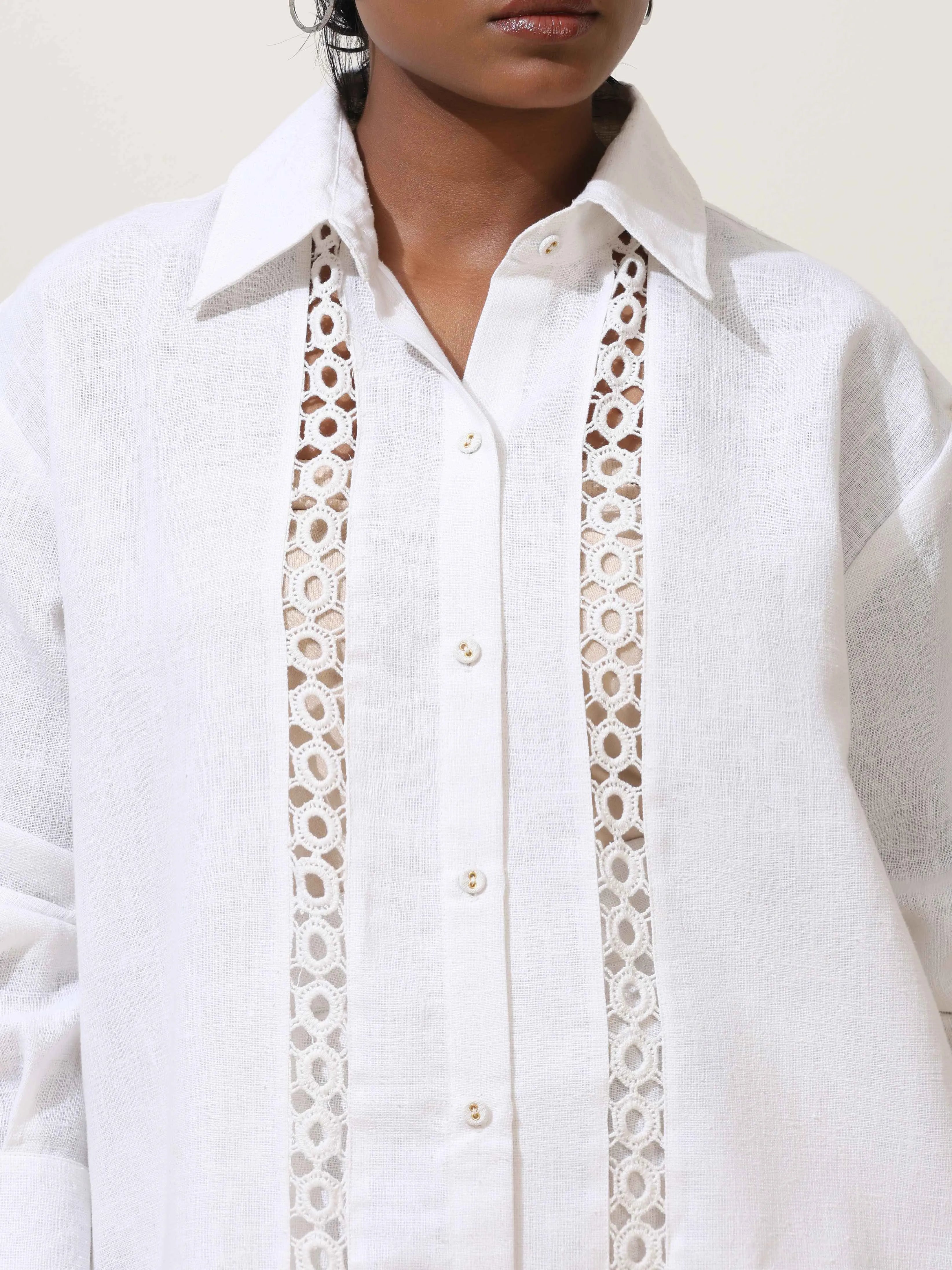 trueBrowns Attar White Crochet Natural Cotton Shirt Co-ord Set