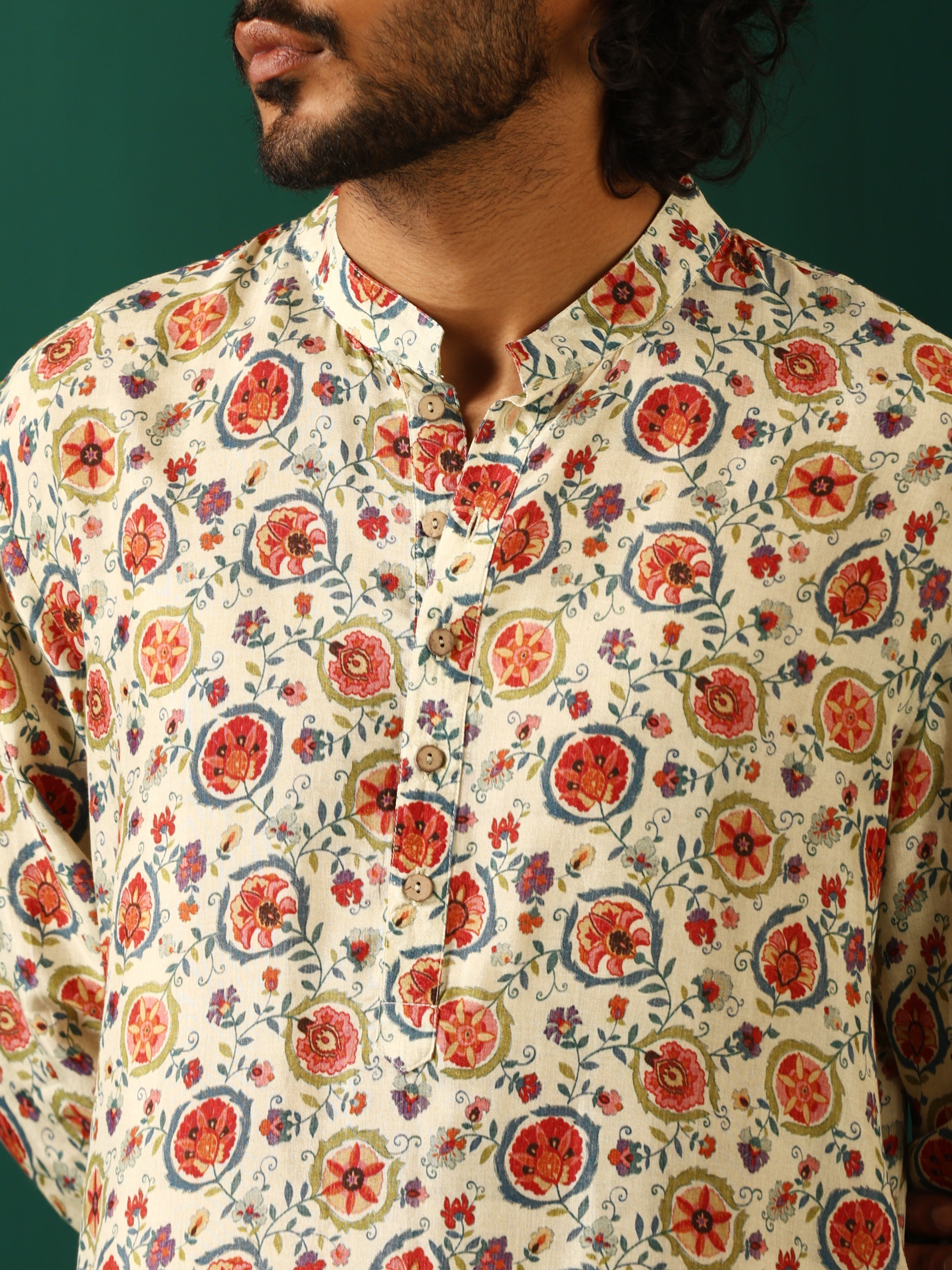 trueBrowns Men's Off White Floral Bunch Muslin Silk Printed Co-ord Set