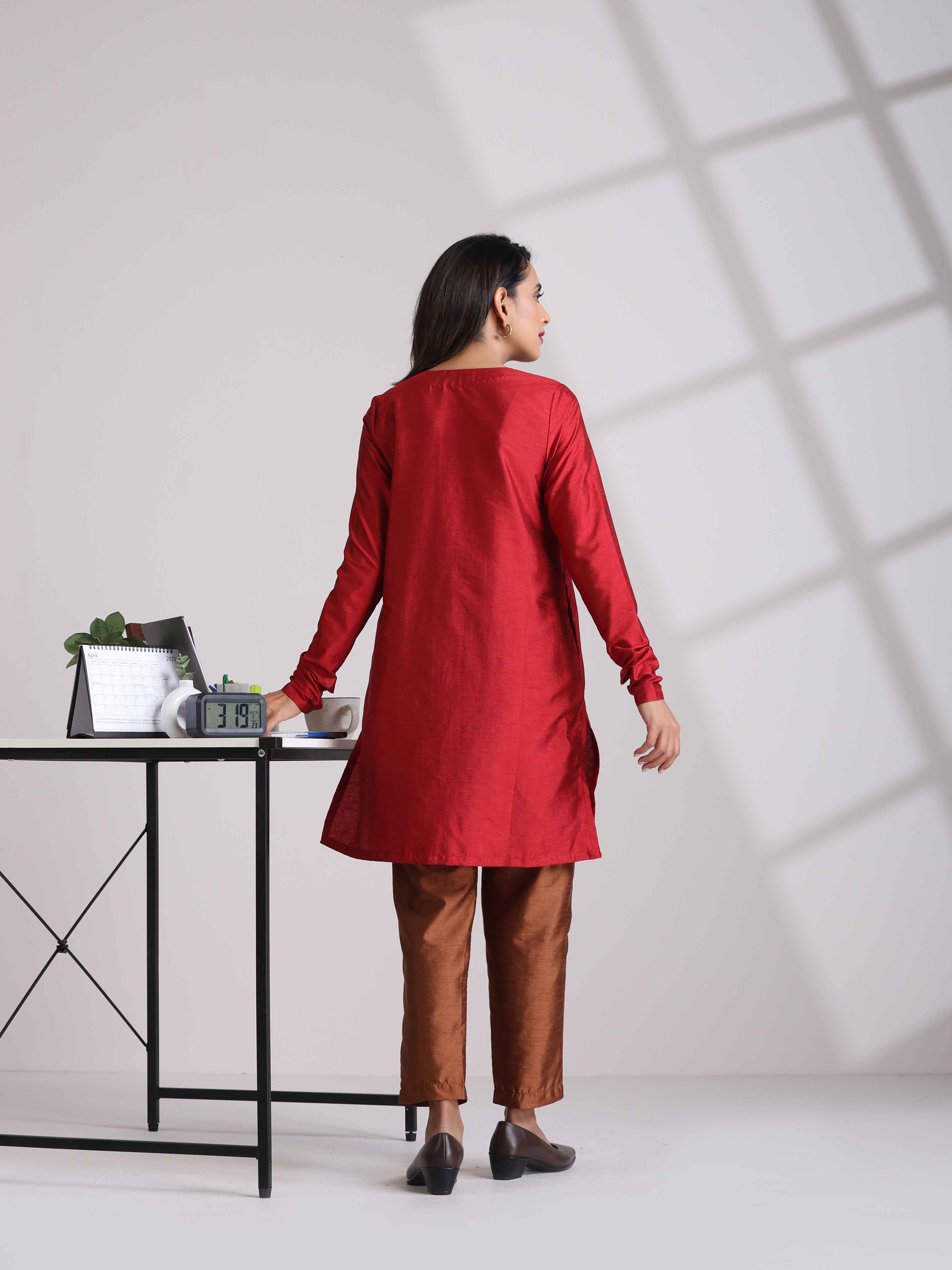 trueBrowns Red Silk Kurta Co-ord Set