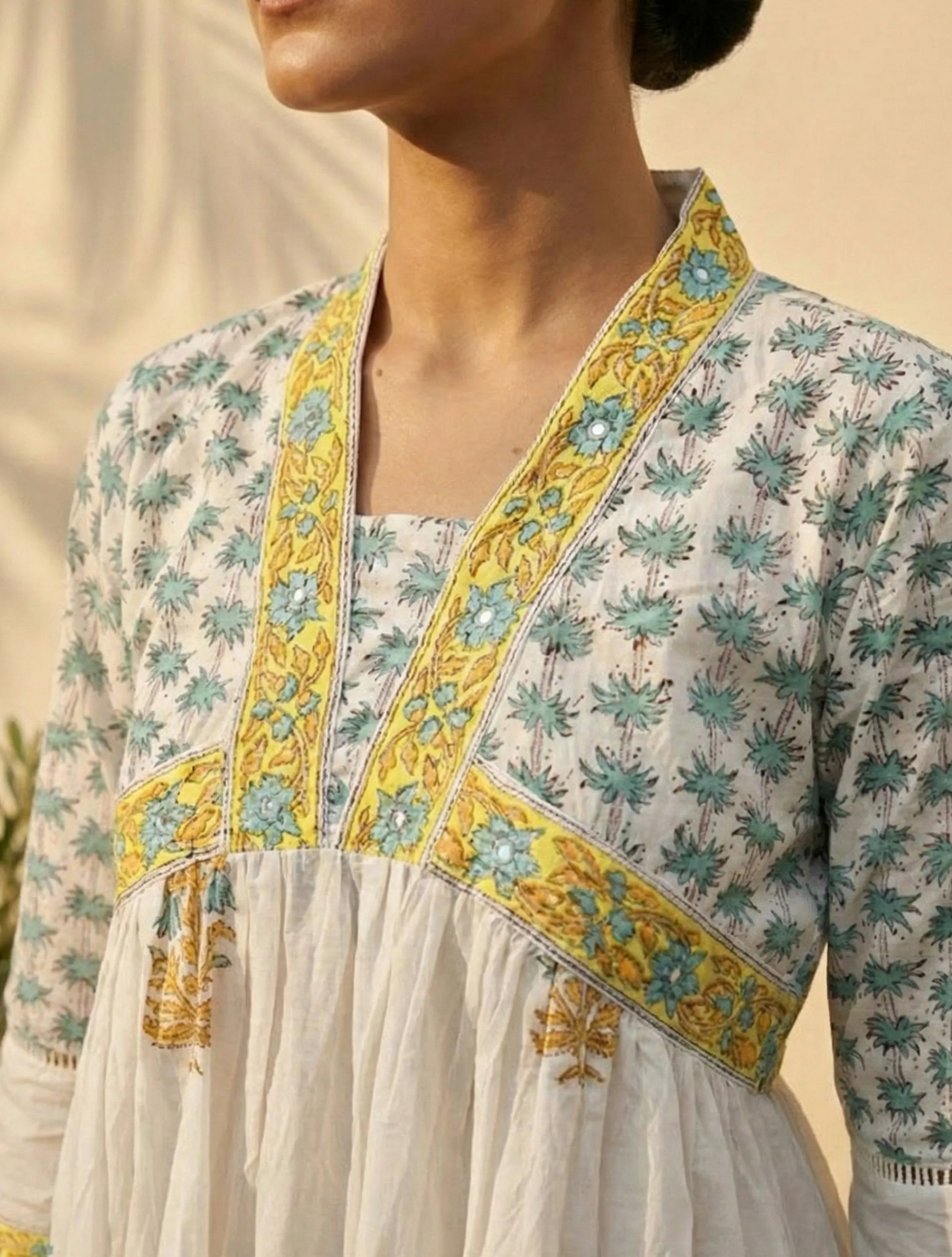 trueBrowns White Yellow Printed Anarkali Kurta Pant Dupatta Set