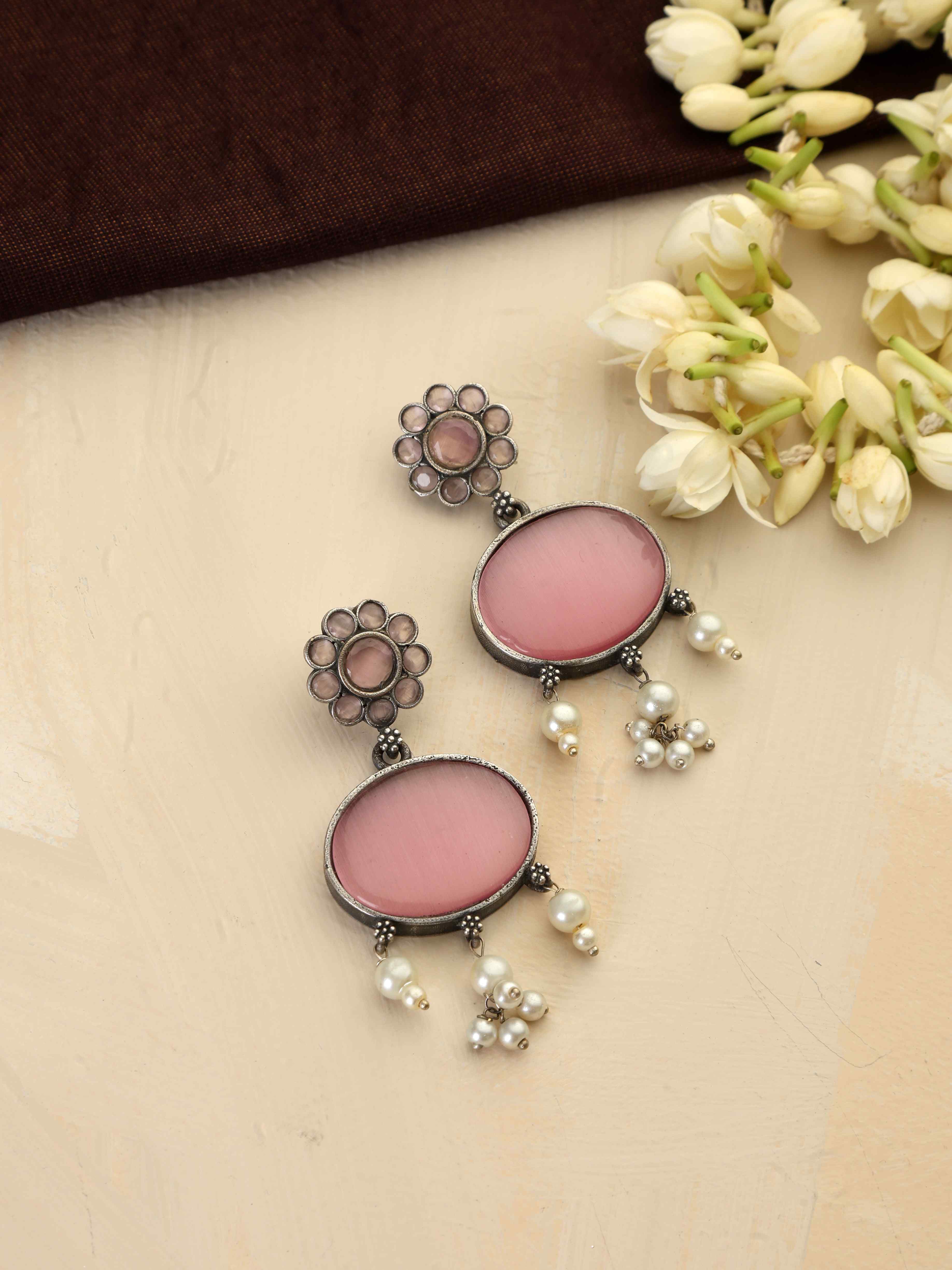 trueBrowns Silver Tone Pink Stone Dangle Earrings