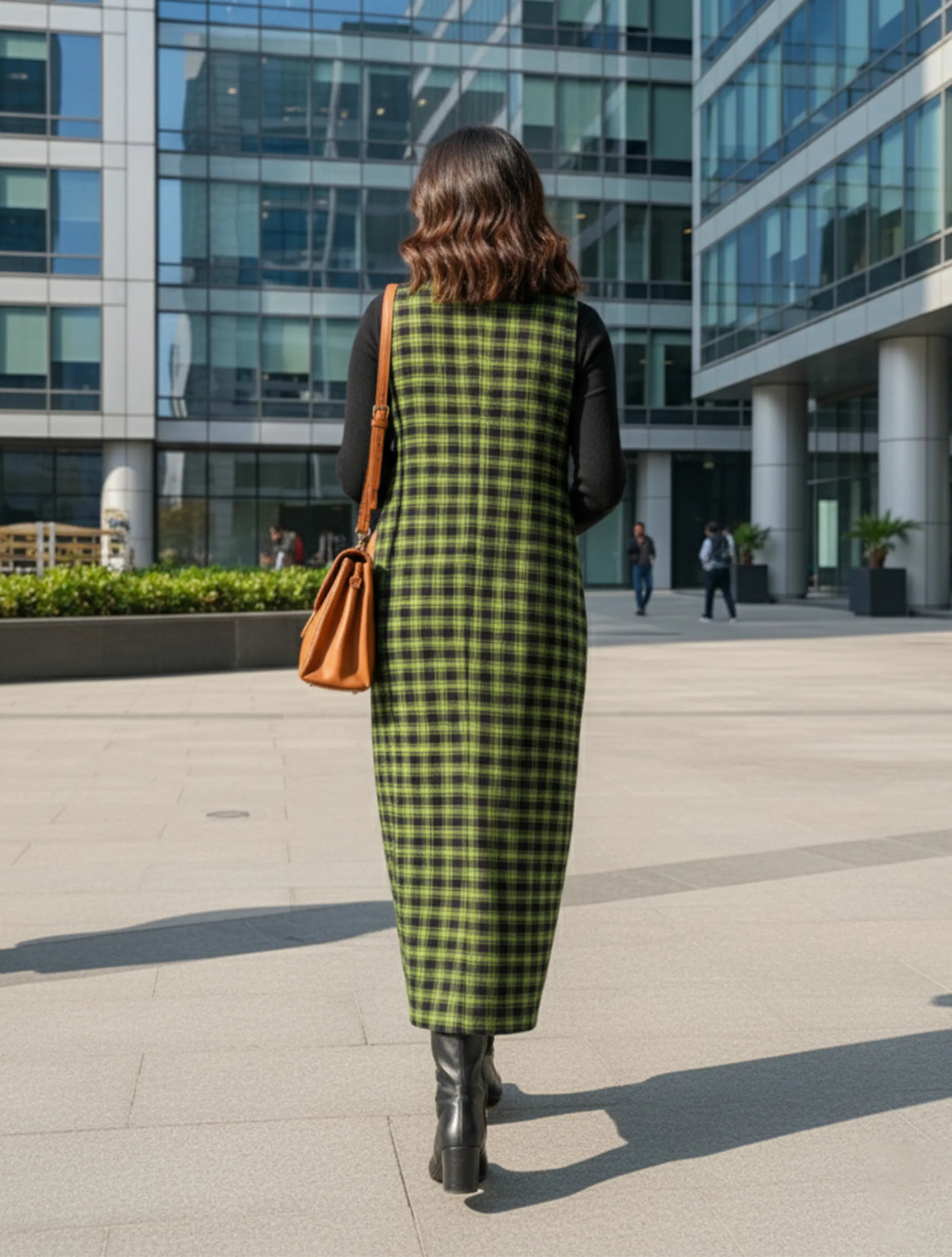 trueBrowns Green Black Sleeveless Check Woollen Dress