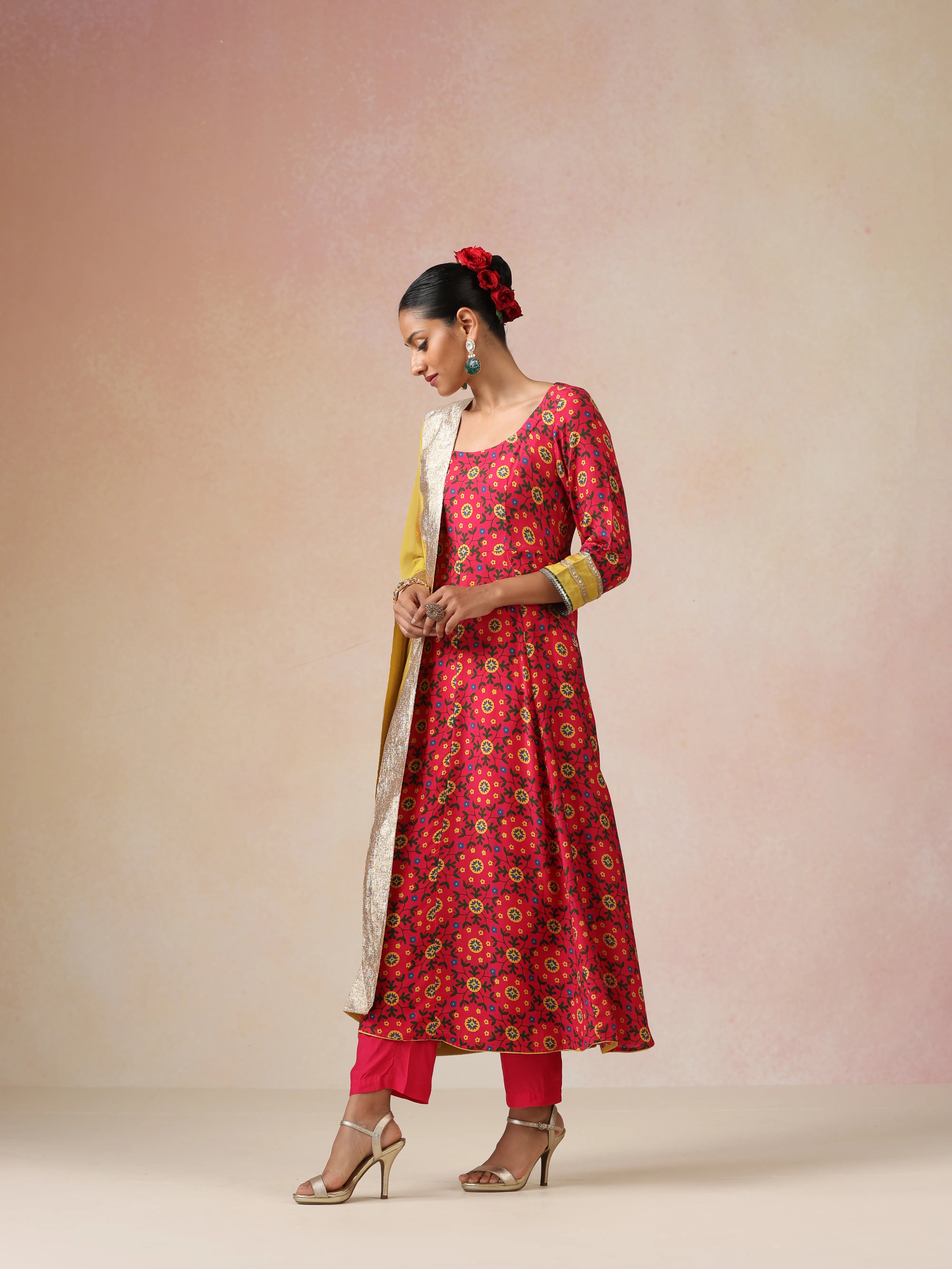 trueBrowns Pink Green Floral Print Viscose Anarkali Kurta Pants Dupatta Set