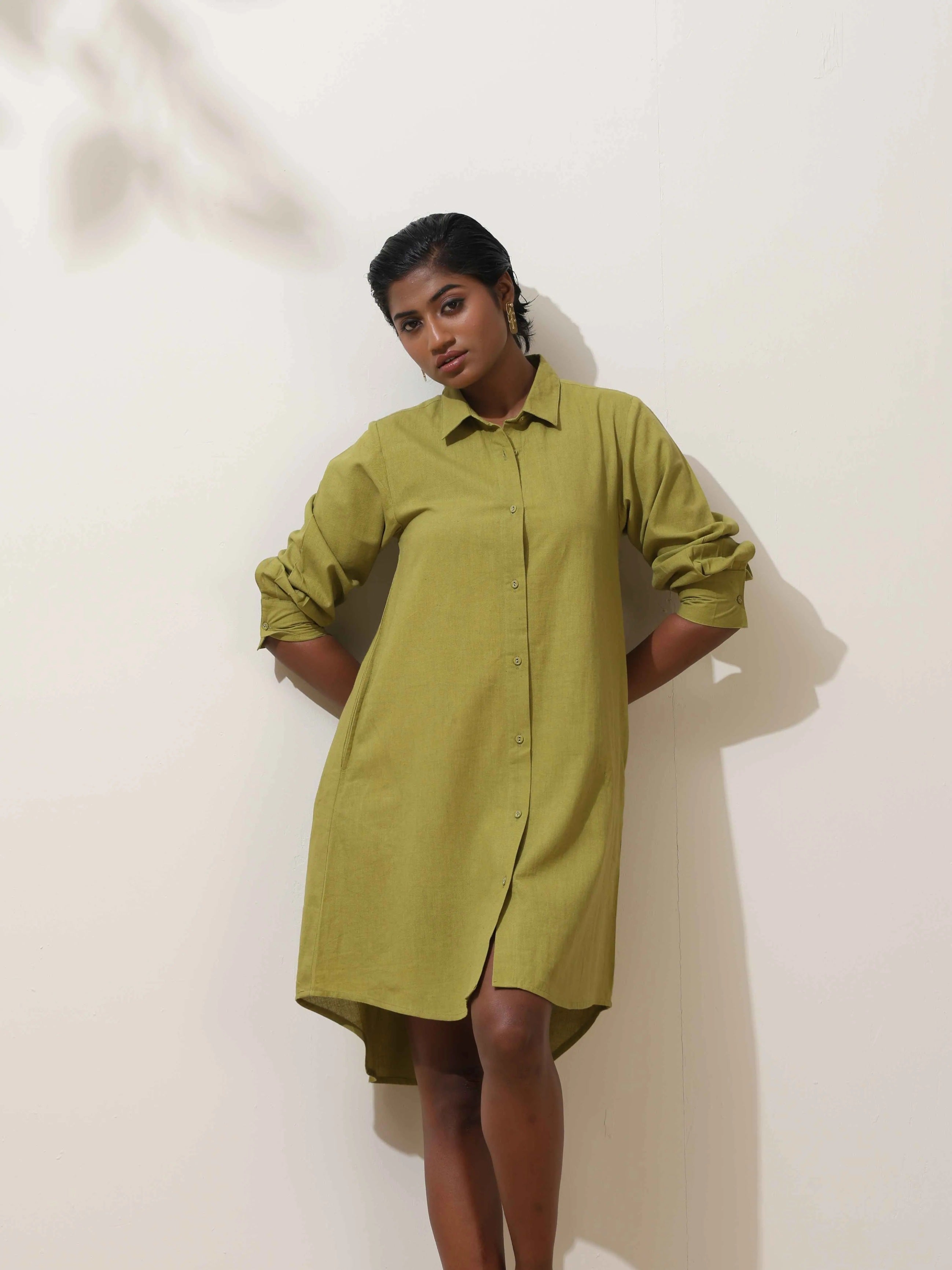 trueBrowns Pear Green Cotton Linen Dress