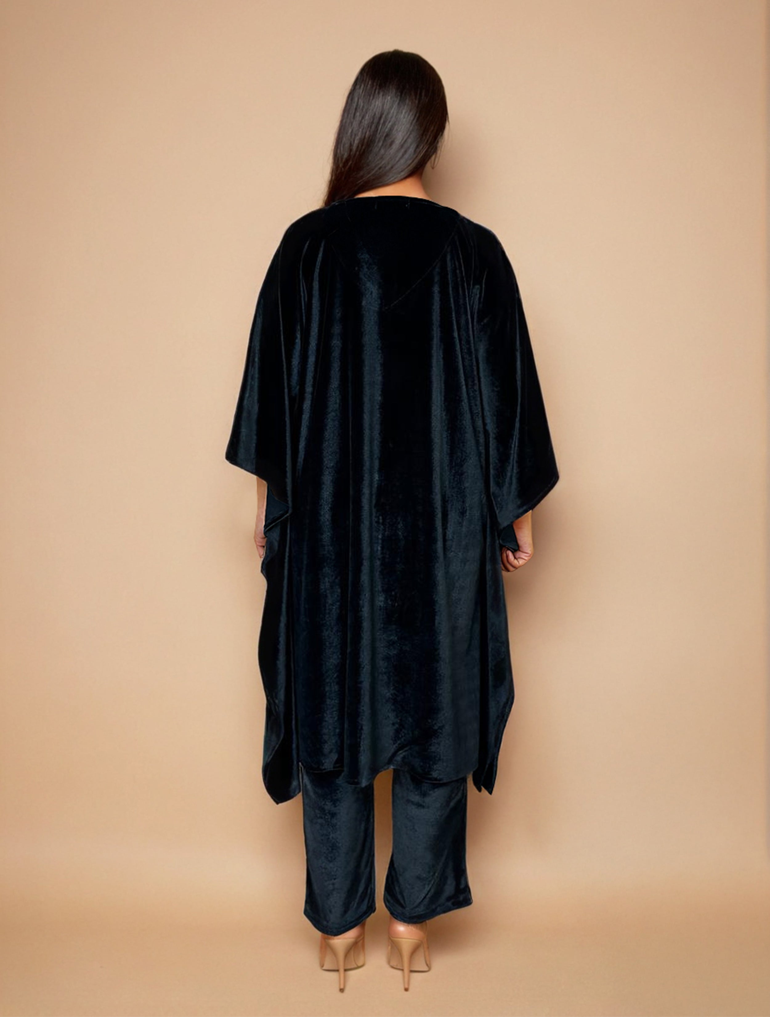 trueBrowns Black Velvet Embroidered Kaftan Kurta Set