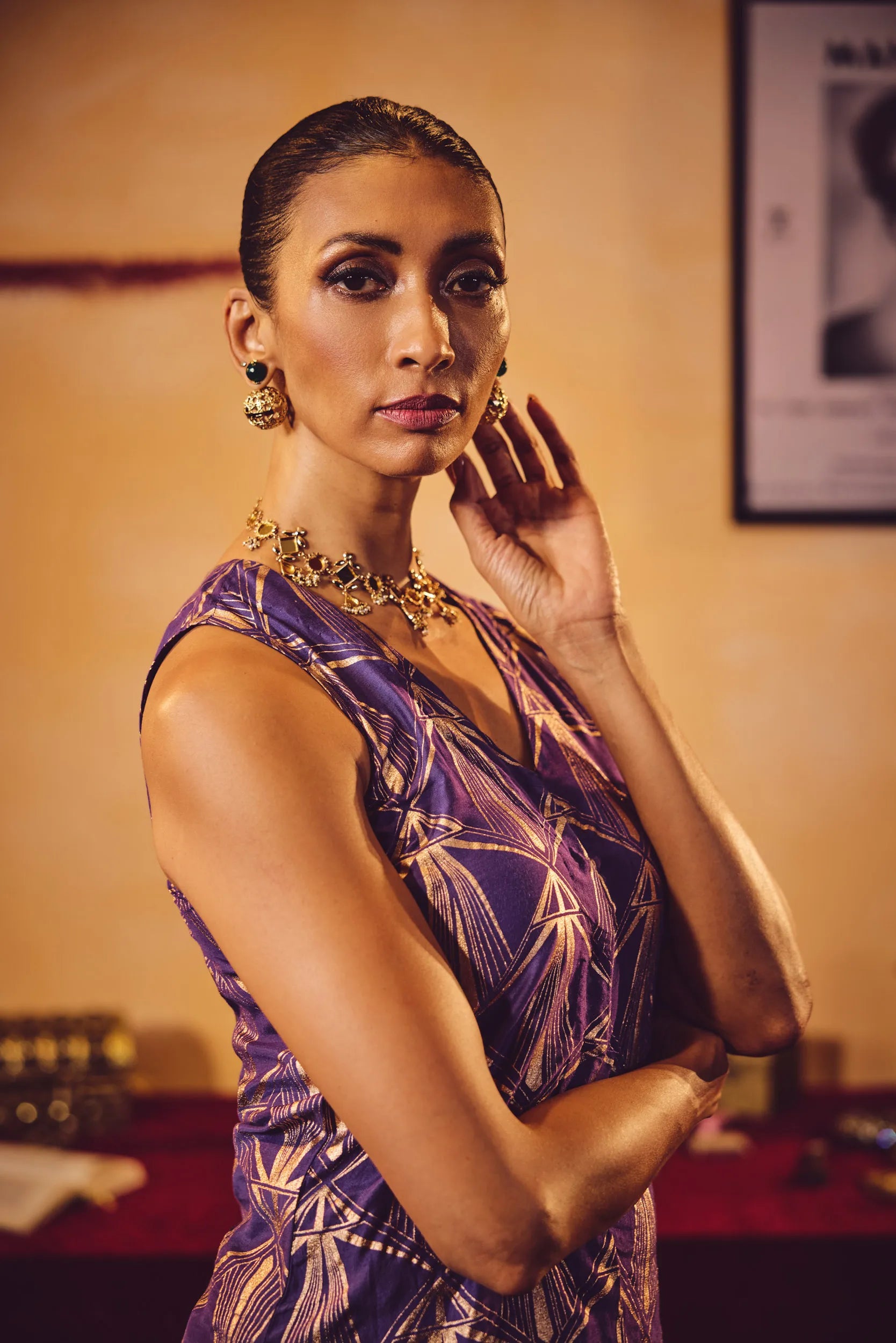 trueBrowns Purple Rose-Gold Foil Print Jacket and Flared Pants Co-ord Set