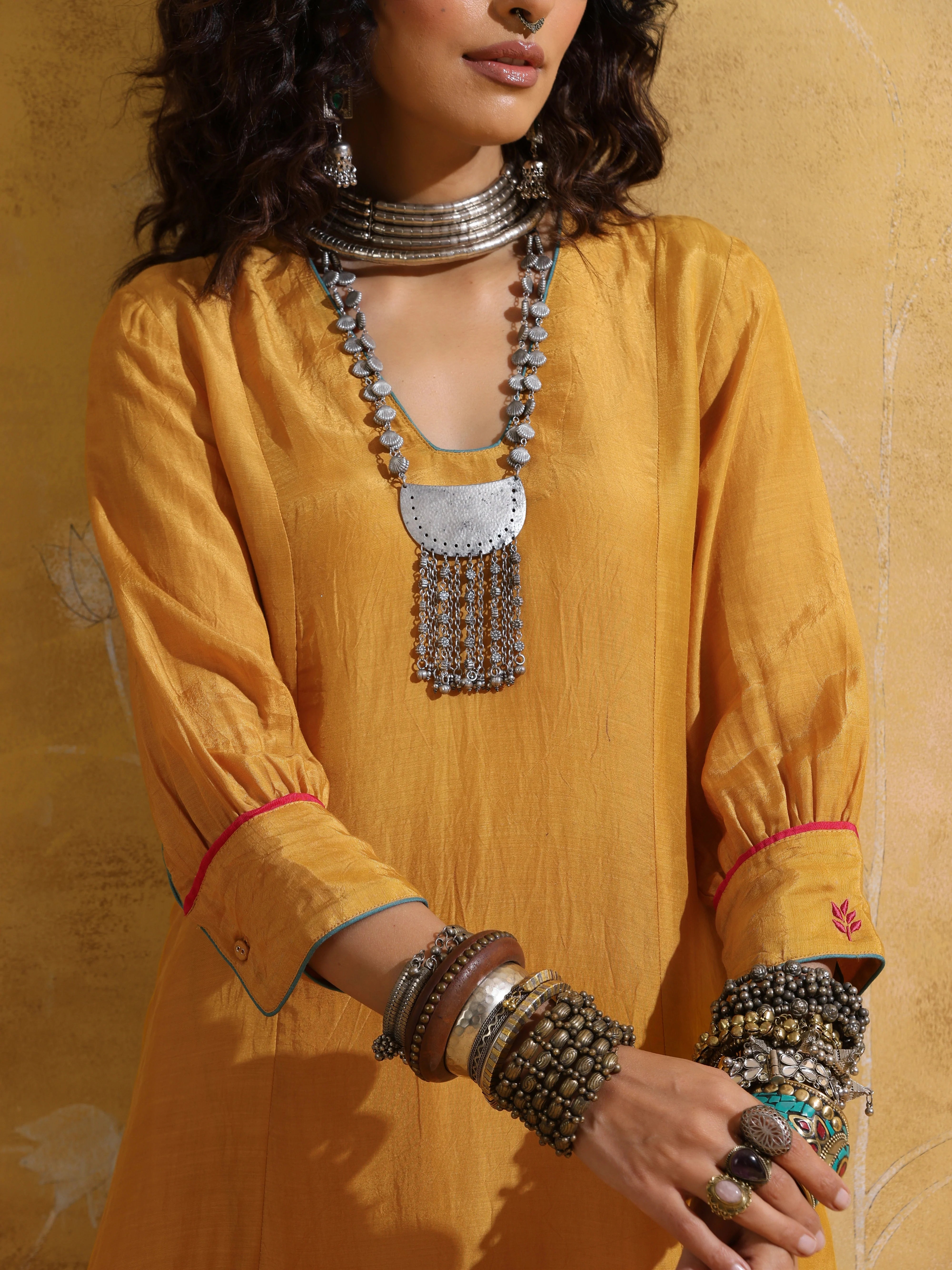 trueBrowns Mustard Muslin Silk A-line Kurta Pant Set