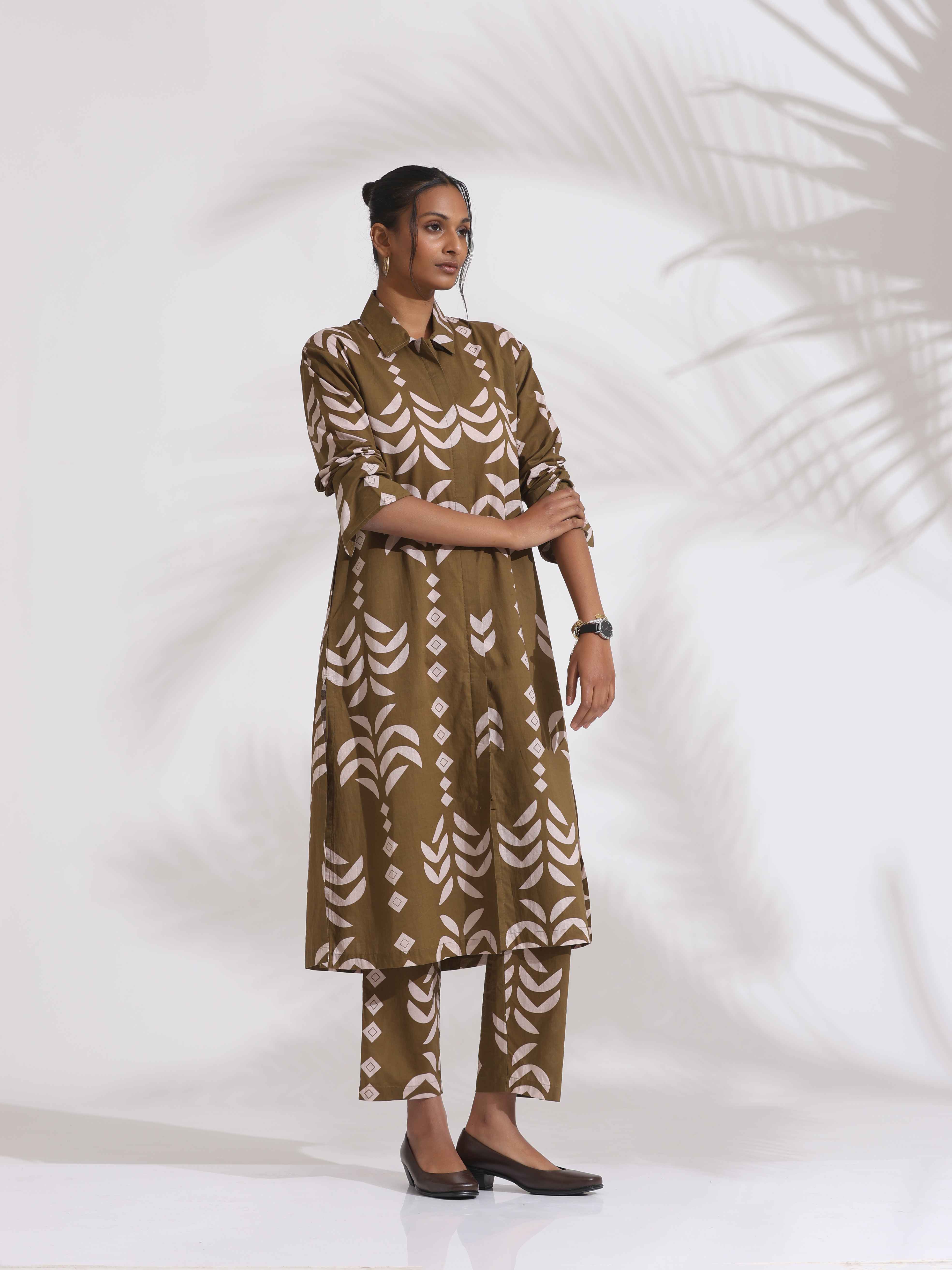 trueBrowns Olive Green Cotton Stripe Print Shirt Kurta Set