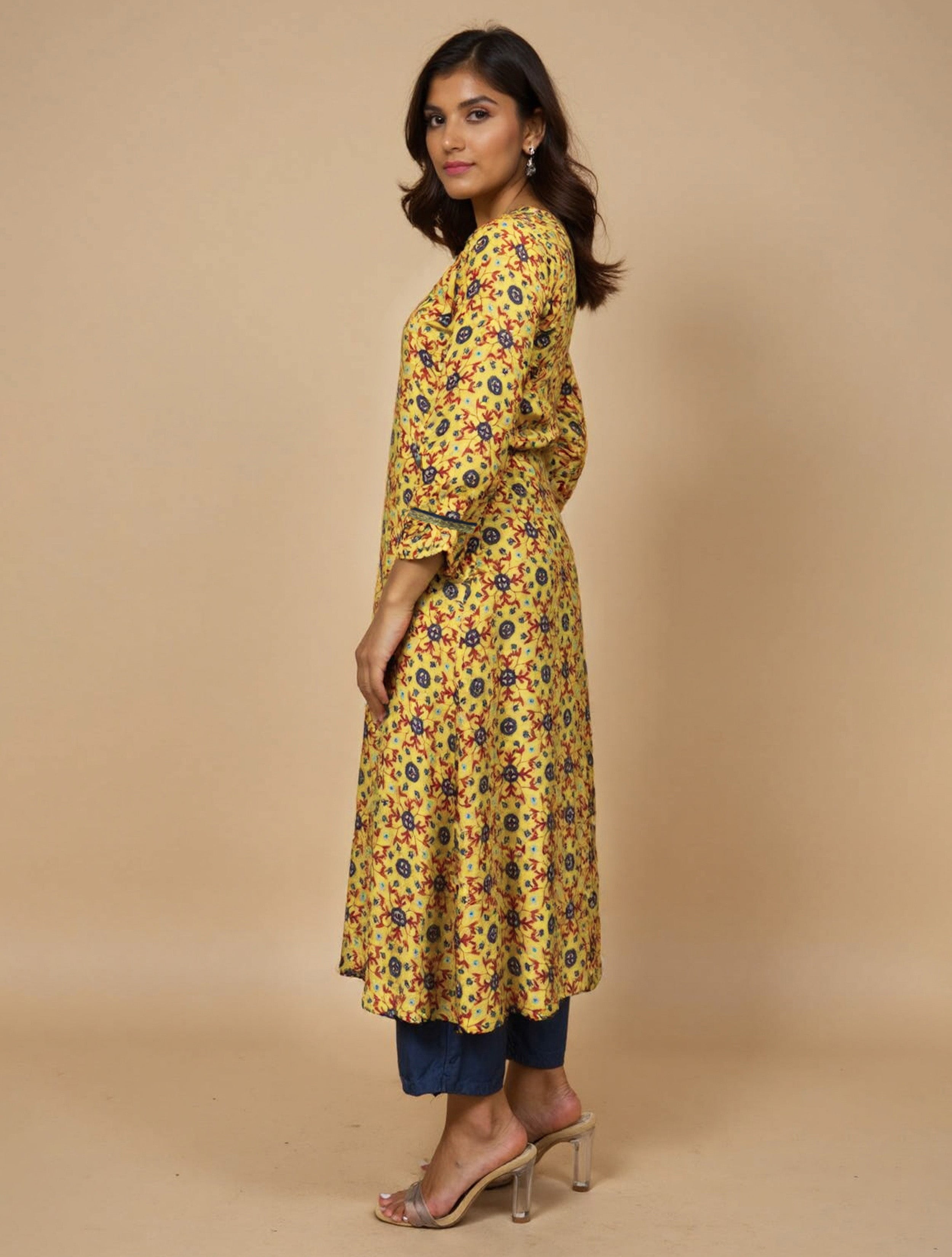 trueBrowns Lime Pink Floral Print A-line Glass Neck Kurta Set