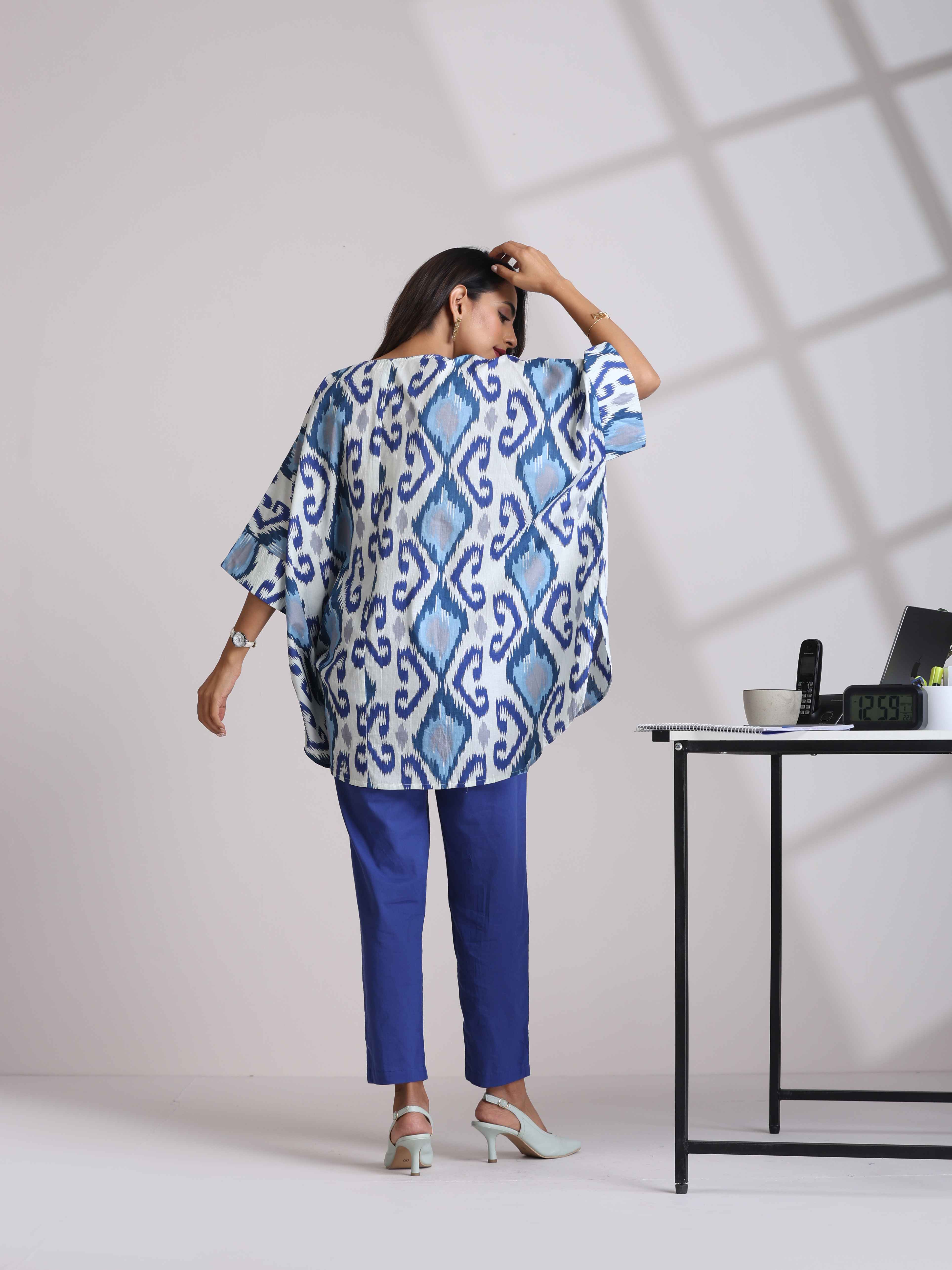 trueBrowns Blue Cotton Ikat Kaftan Co-ord Set
