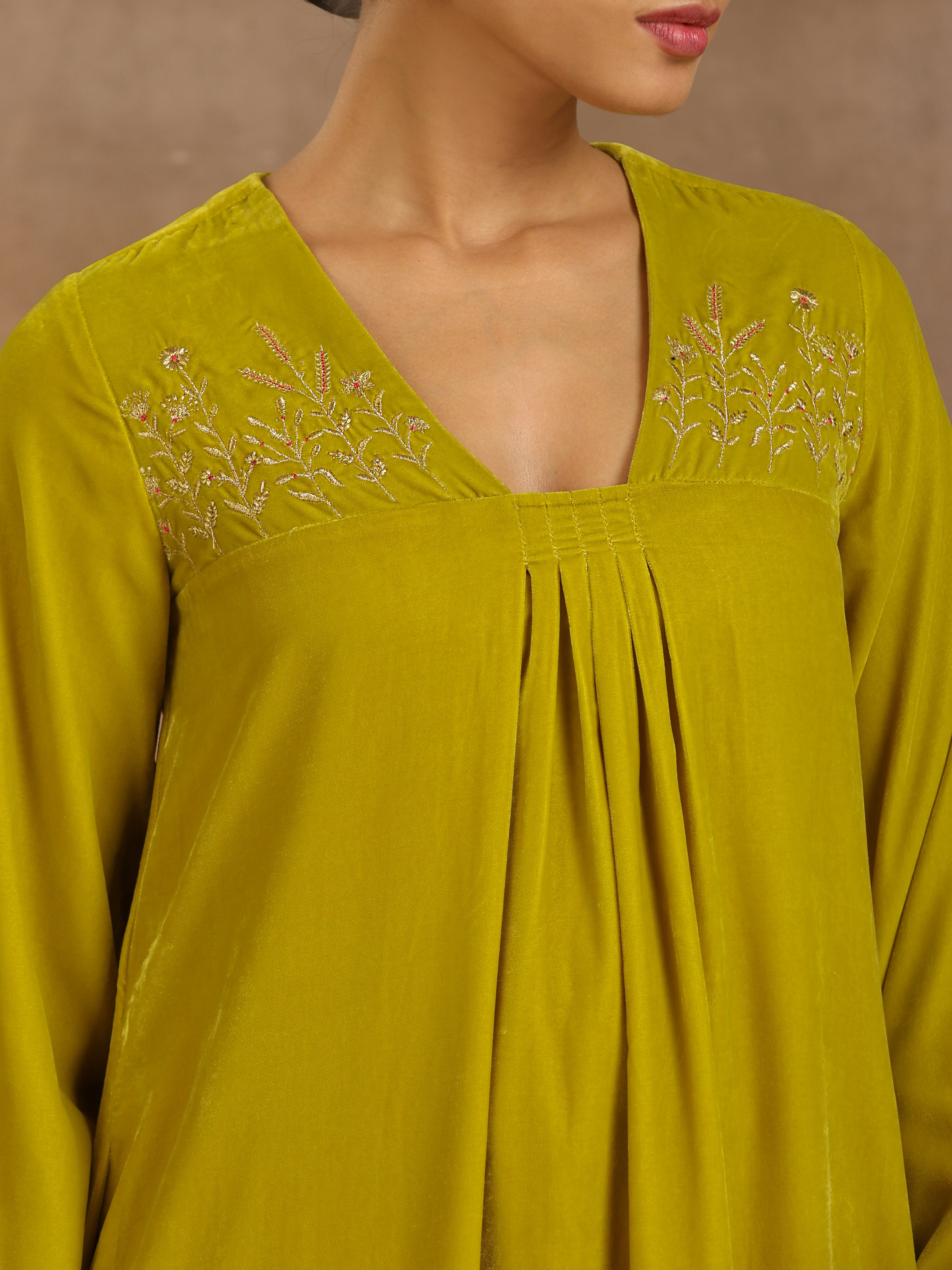 trueBrowns Lime Velvet Yoke Embroidered Kurta