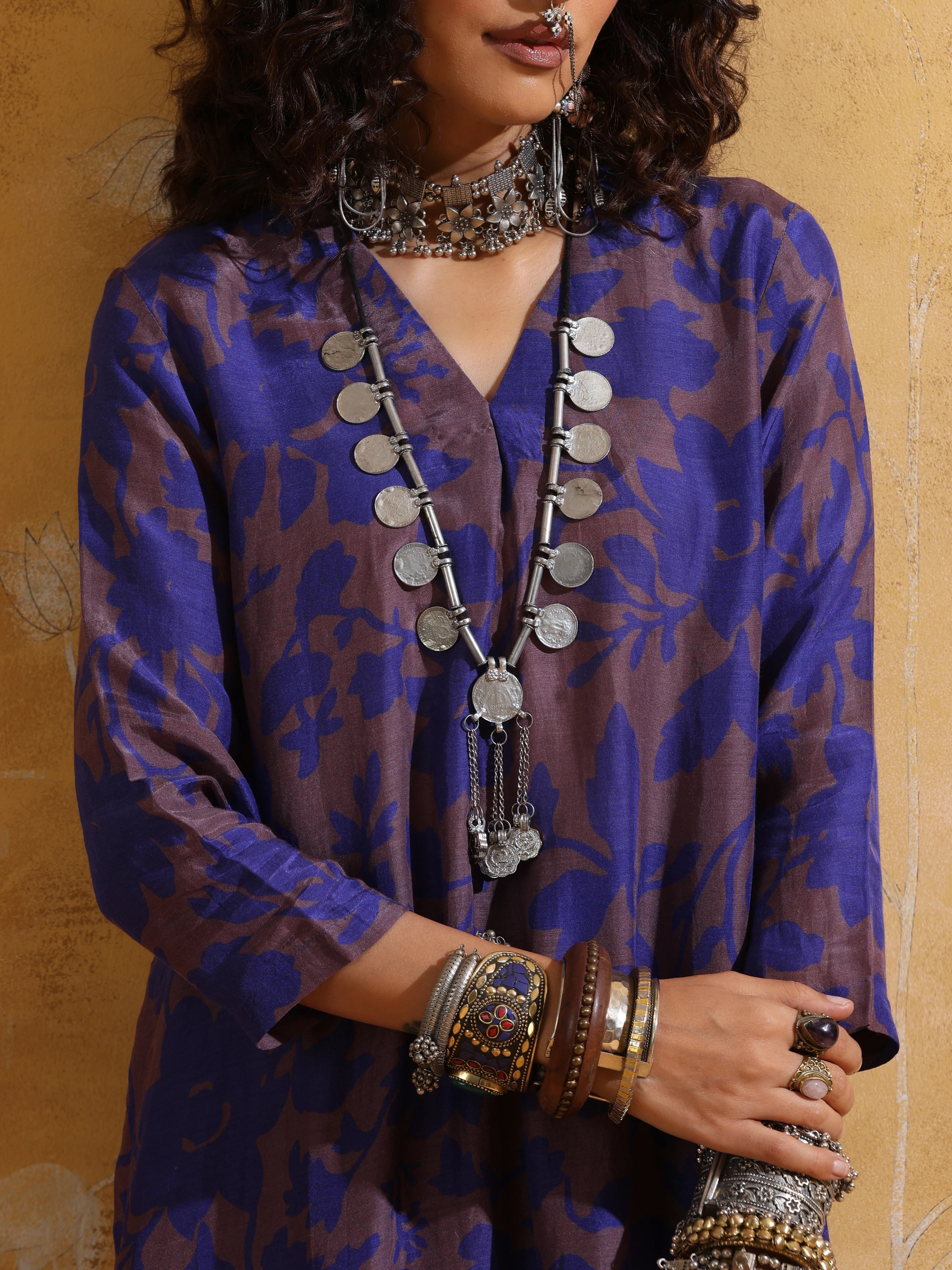 trueBrowns Purple Jaal Print Muslin Silk Straight Kurta Set