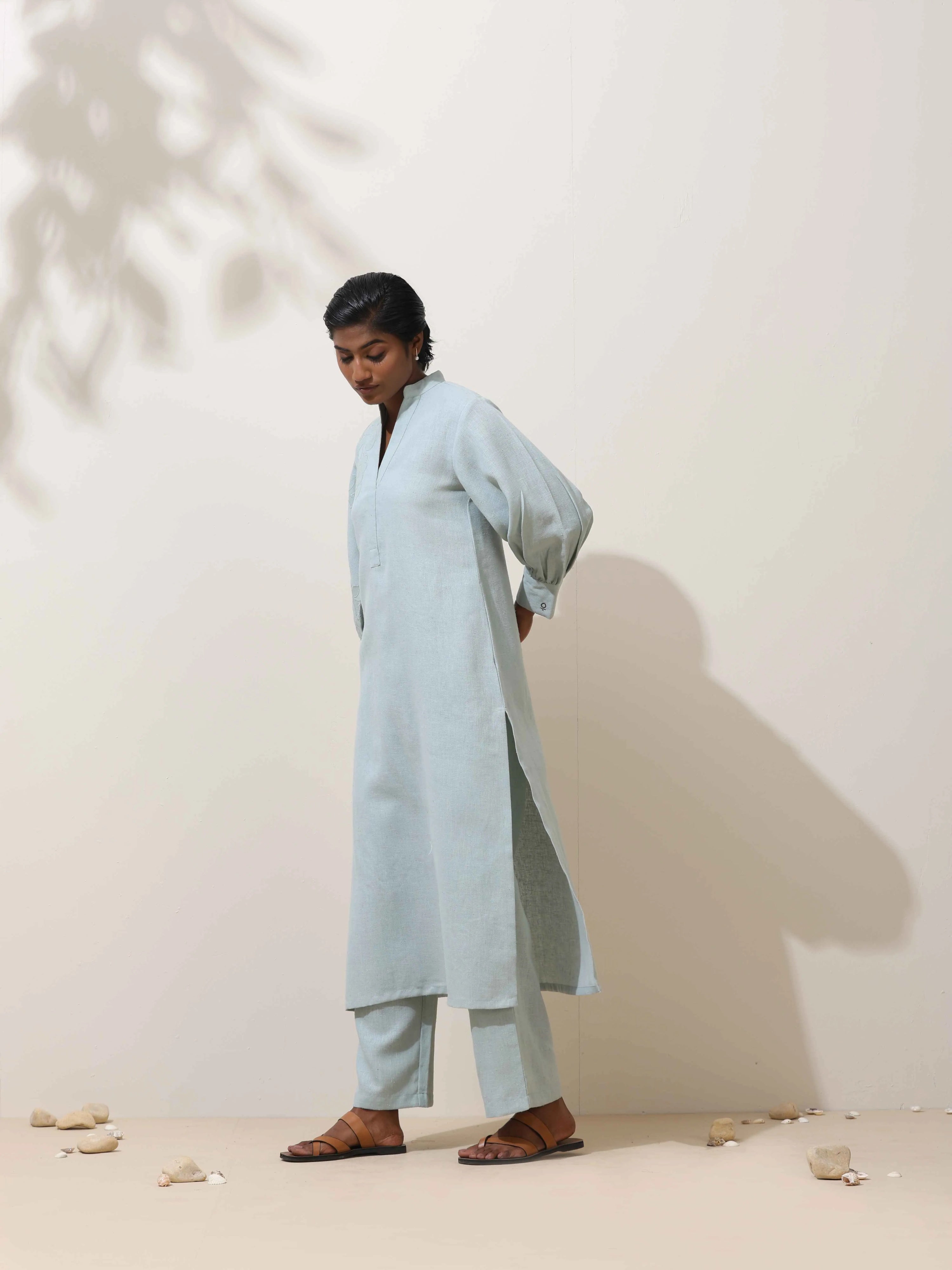 trueBrowns Nilah Blue Embroidered Natural Cotton Kurta Pant Set