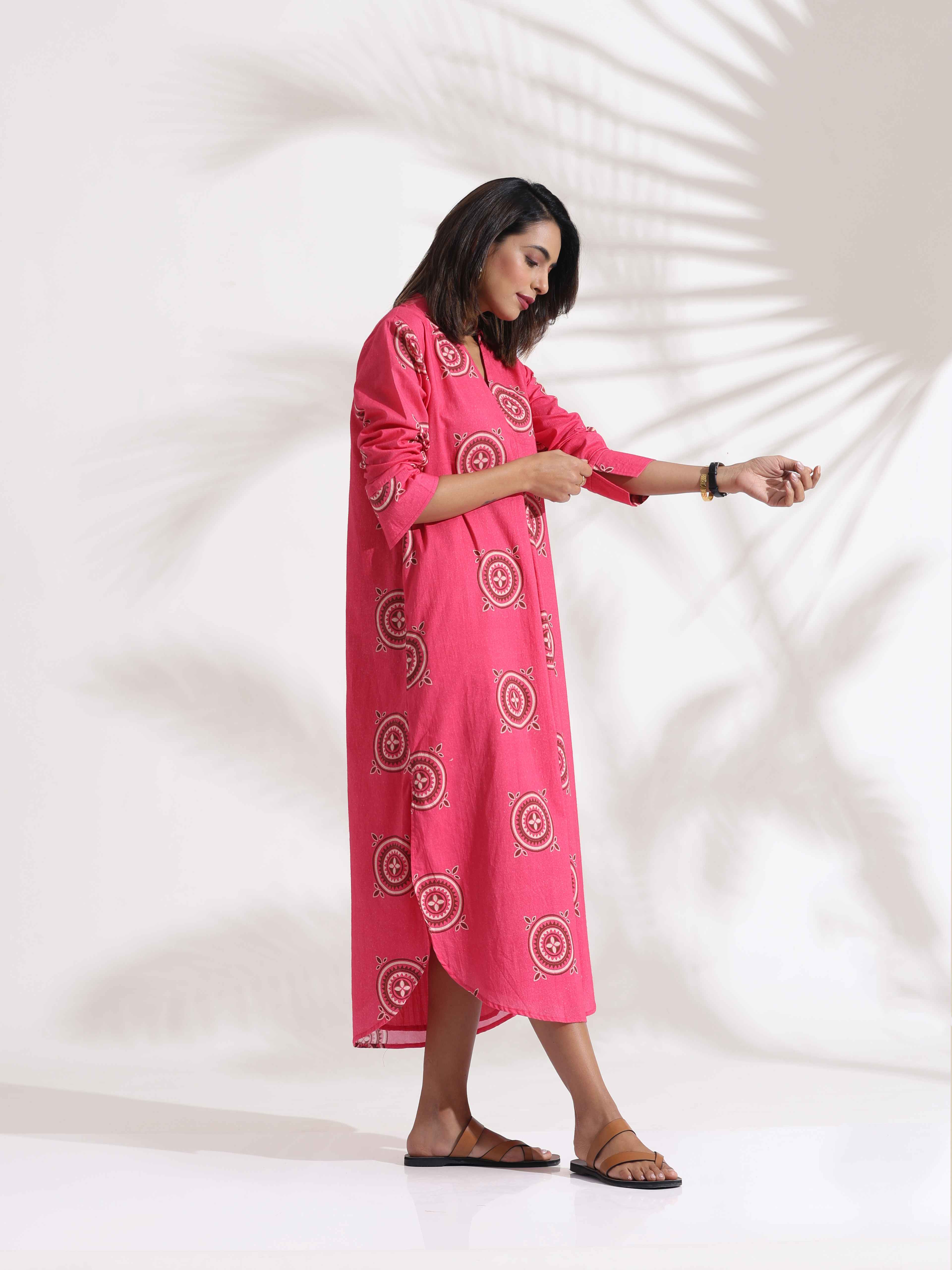 trueBrowns Pink Cotton Print A-line Dress