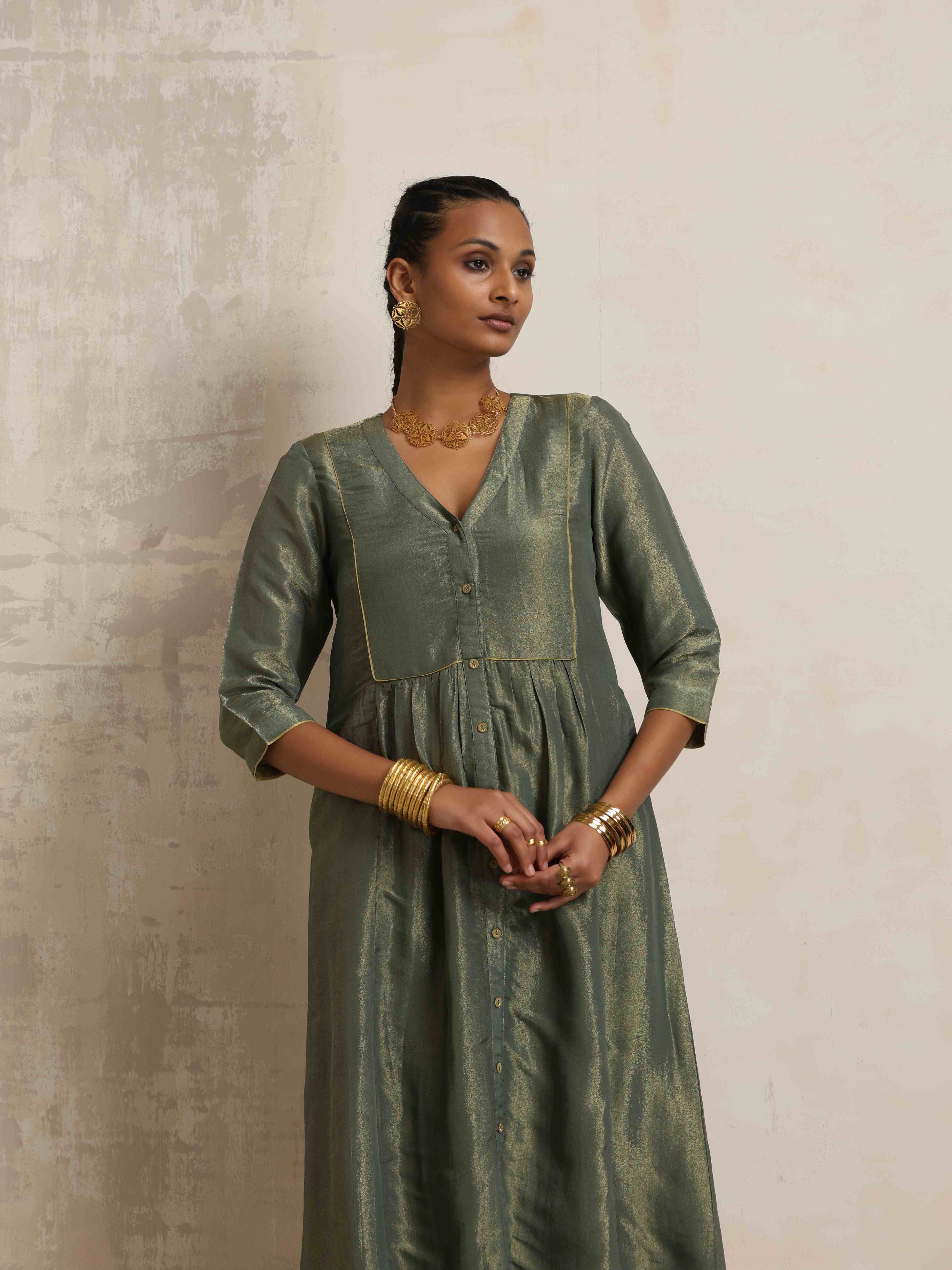trueBrowns Green Tissue A-line Kurta Set