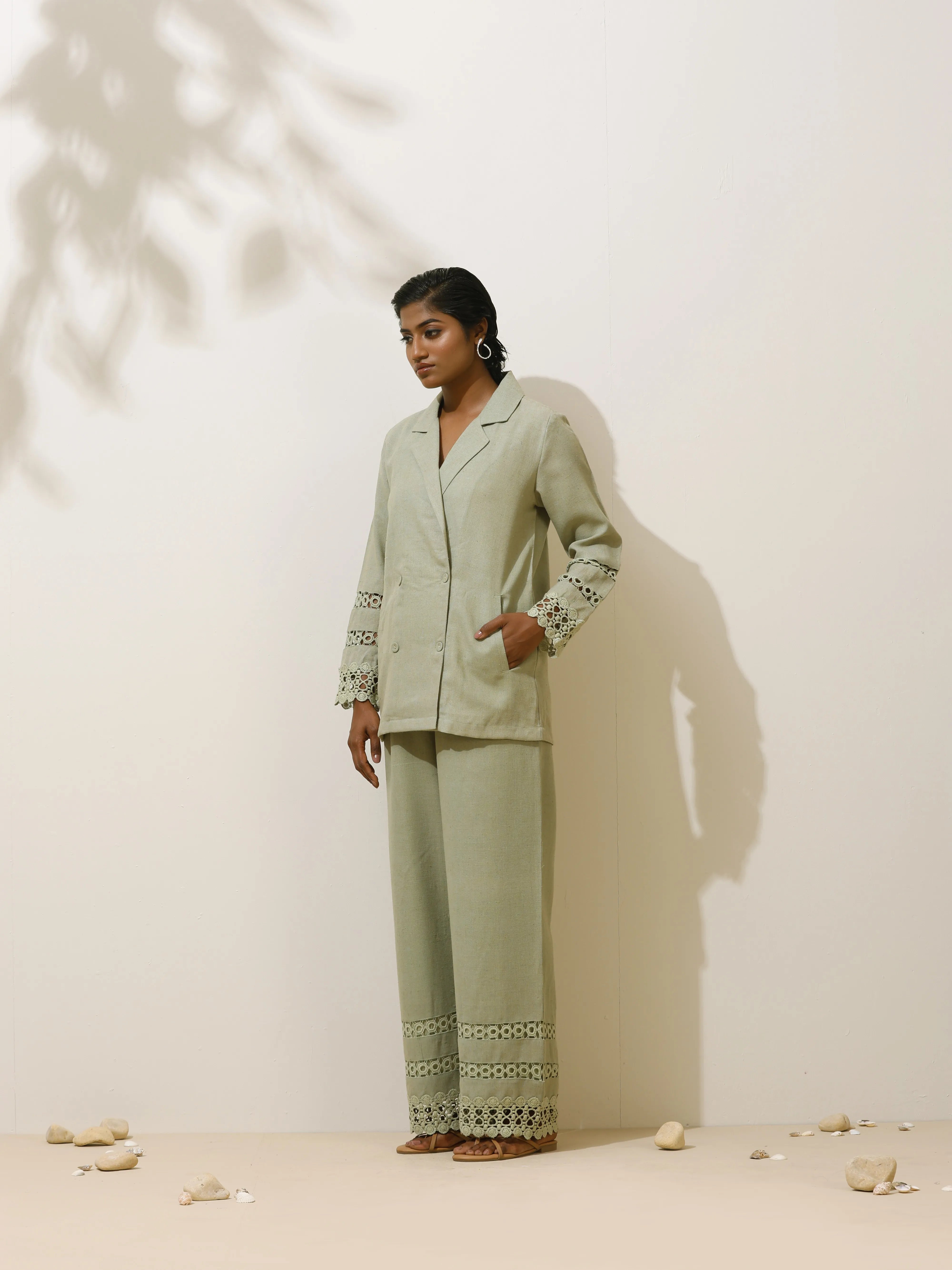 trueBrowns Matcha Green Crochet Natural Cotton Blazer Co-ord Set