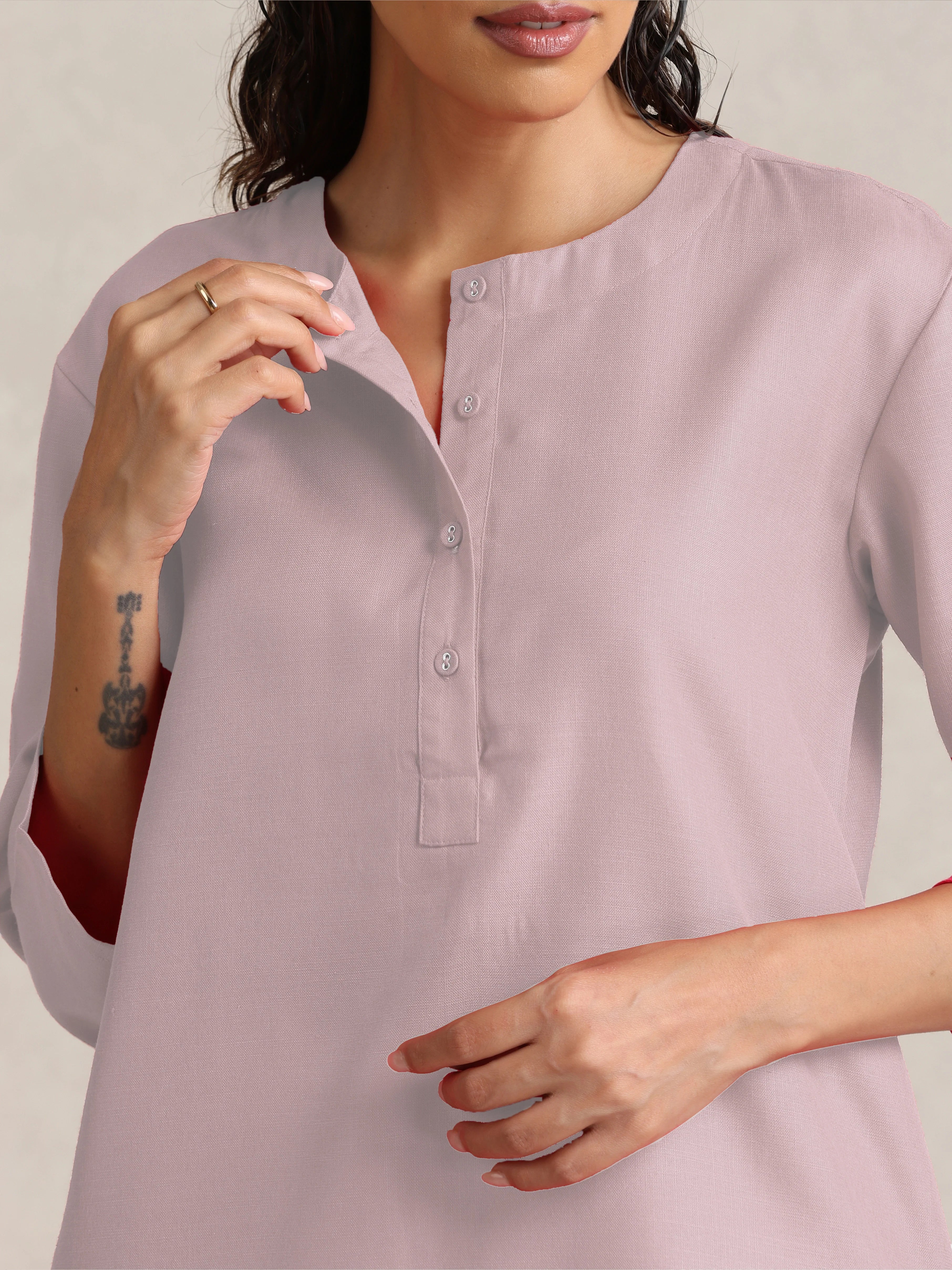 trueBrowns Pink Cotton Blend Short Kurta