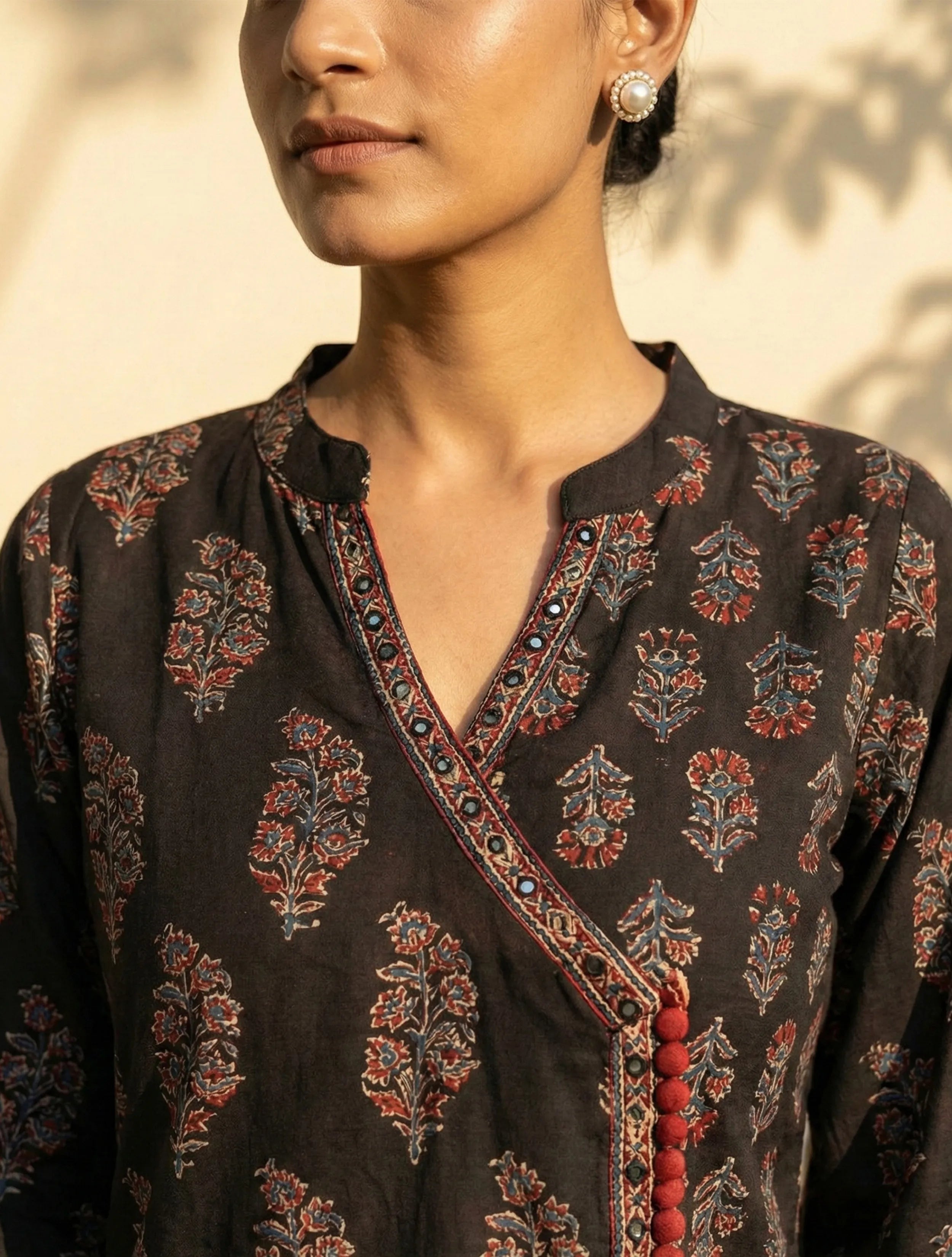 trueBrowns Black Boota Print Angrakha Kurta Pant Dupatta Set