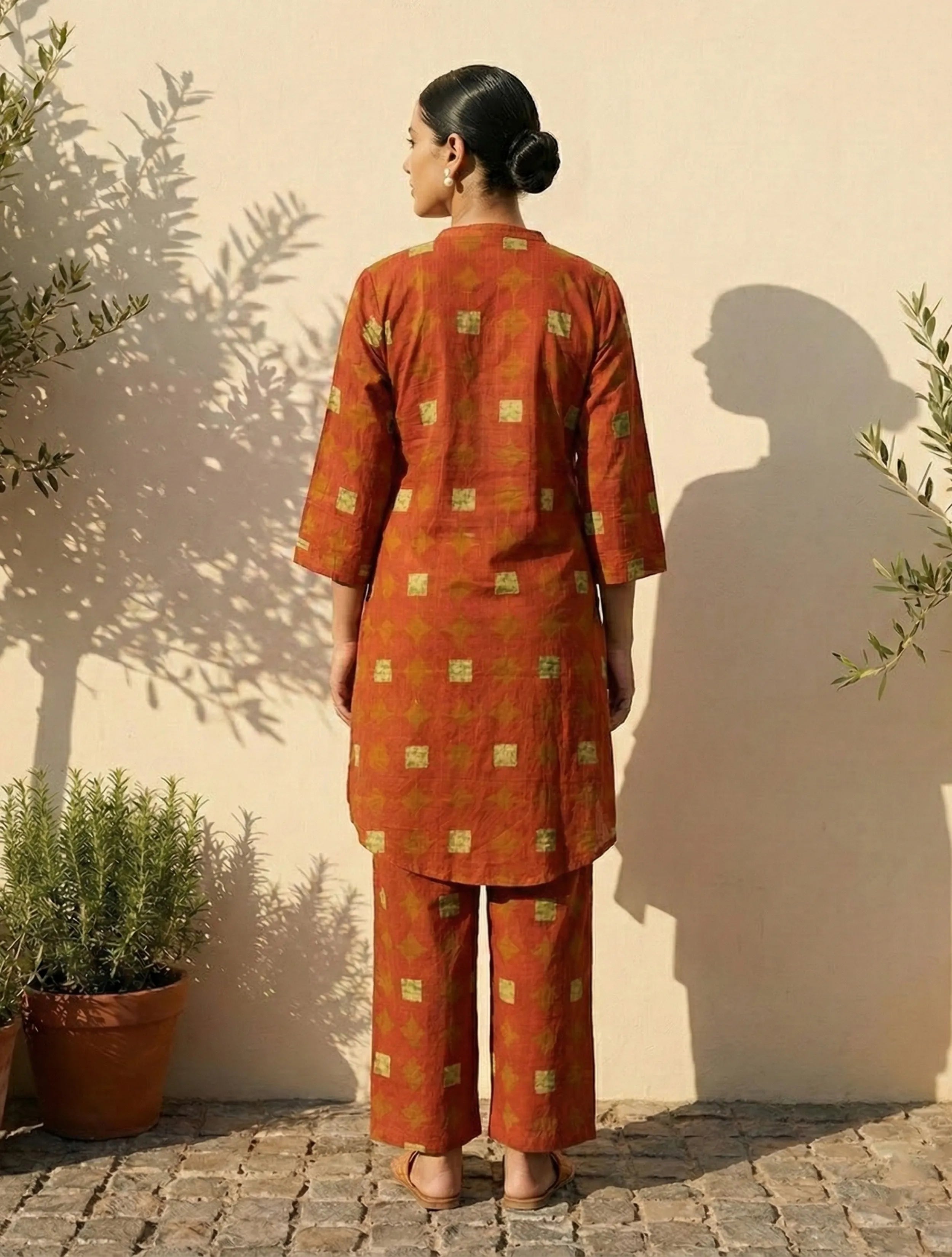trueBrowns Rust Geometric Print Kurta Pant Set