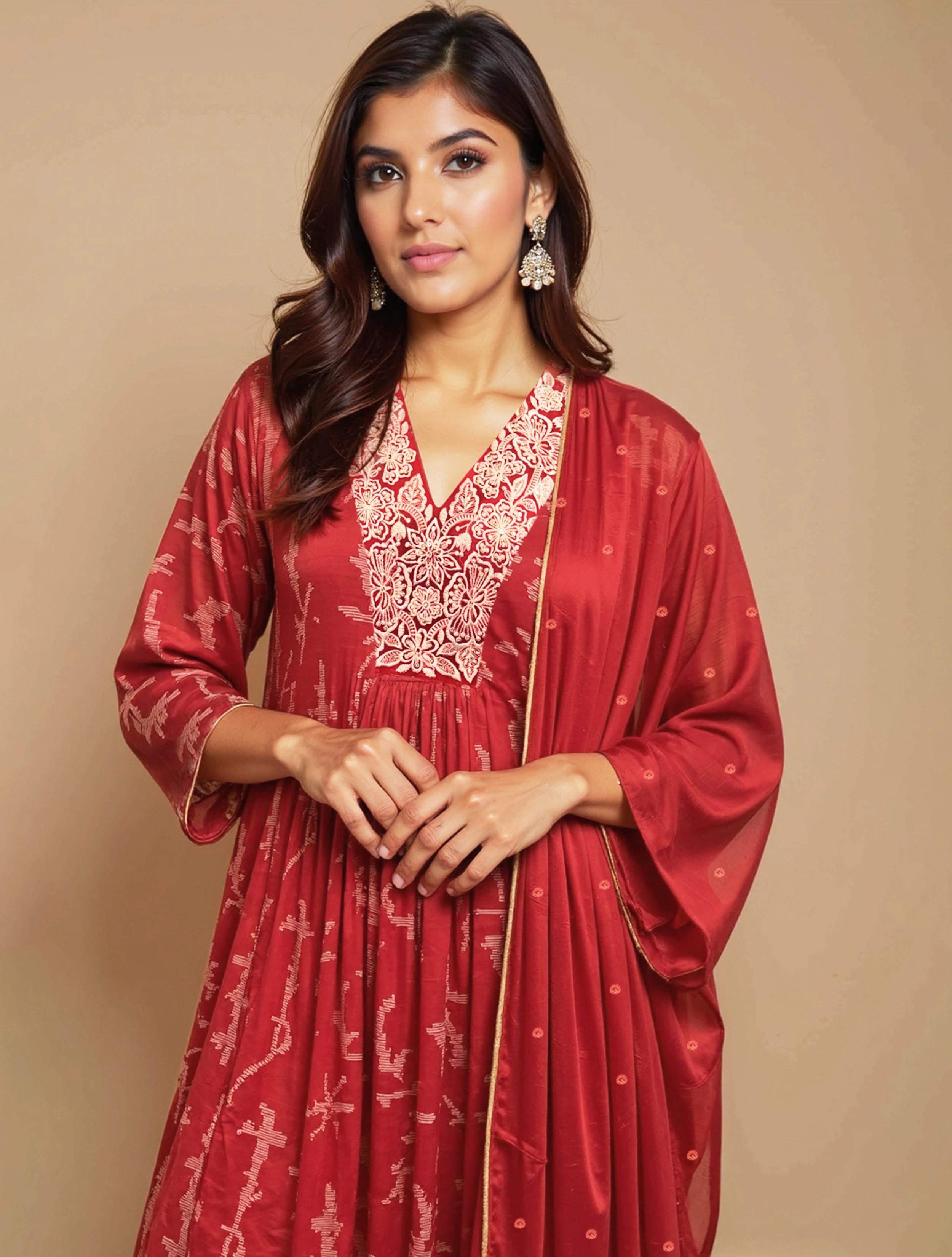 trueBrowns Red Printed A-Line Kurta Pant Dupatta Set