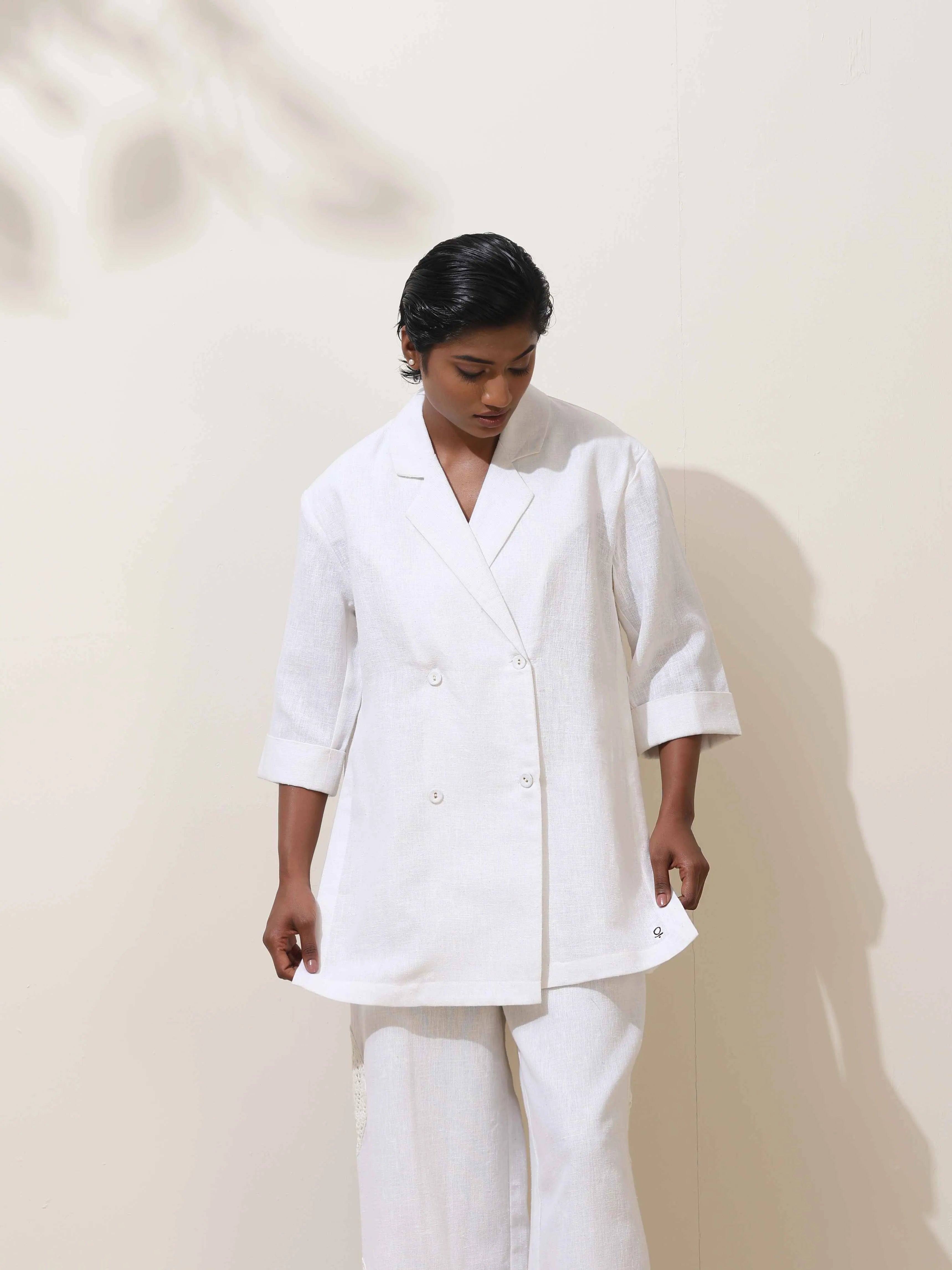 trueBrowns Indus White Crochet Natural Cotton Blazer Co-ord Set