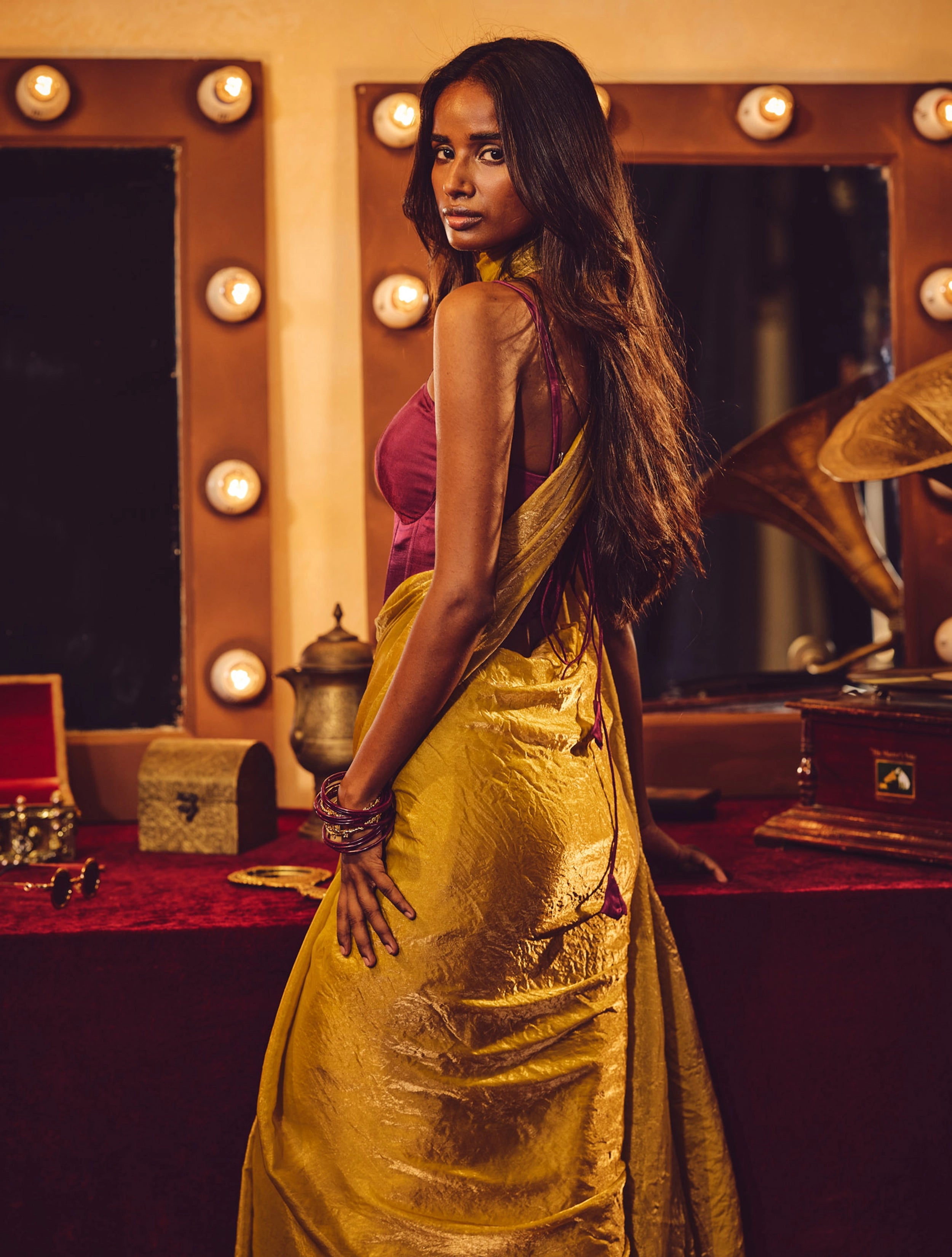 trueBrowns Gold Tissue Saree With Unstitched Blouse