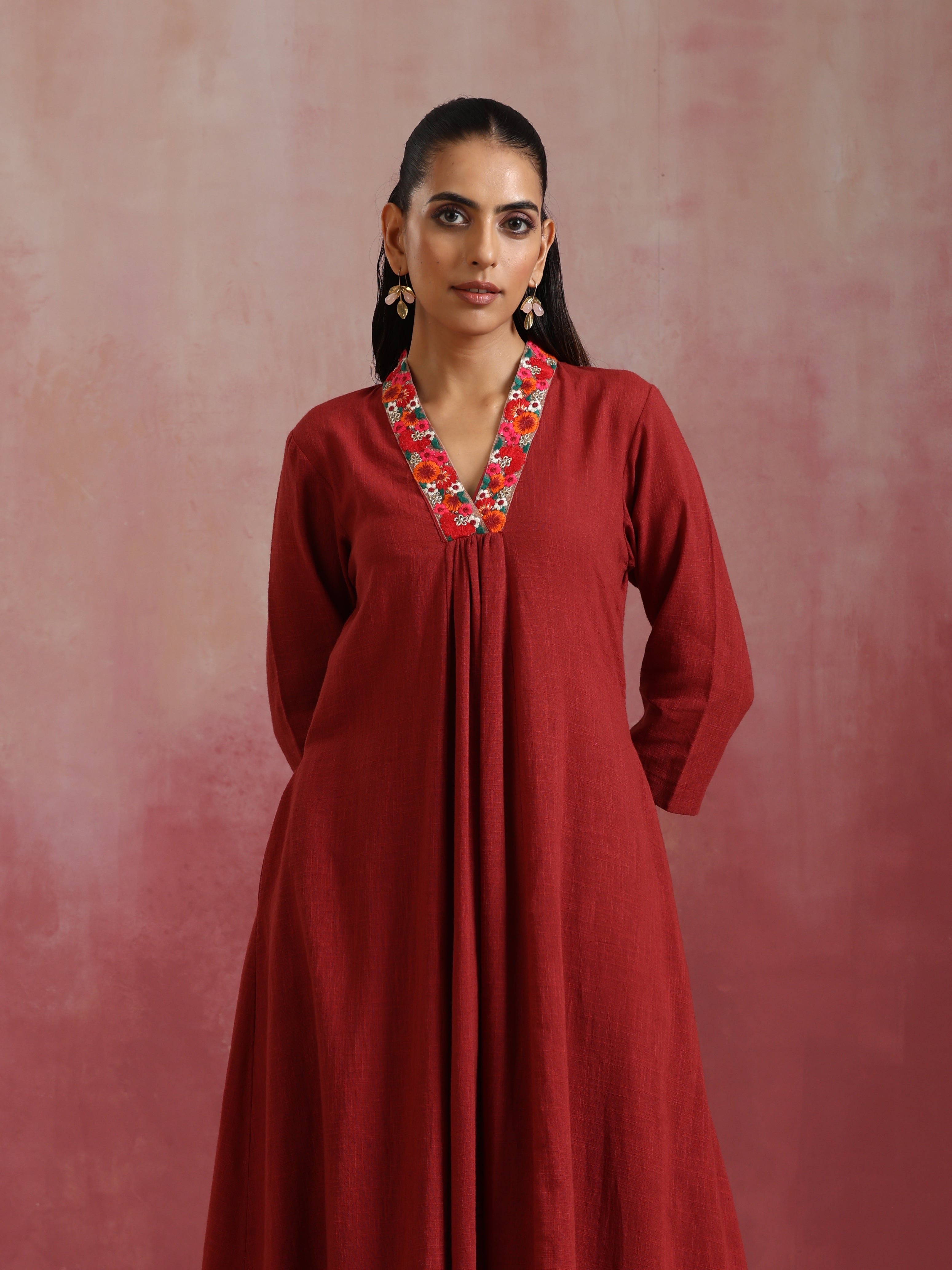 trueBrowns Maroon Cotton Dobby Kurta Set