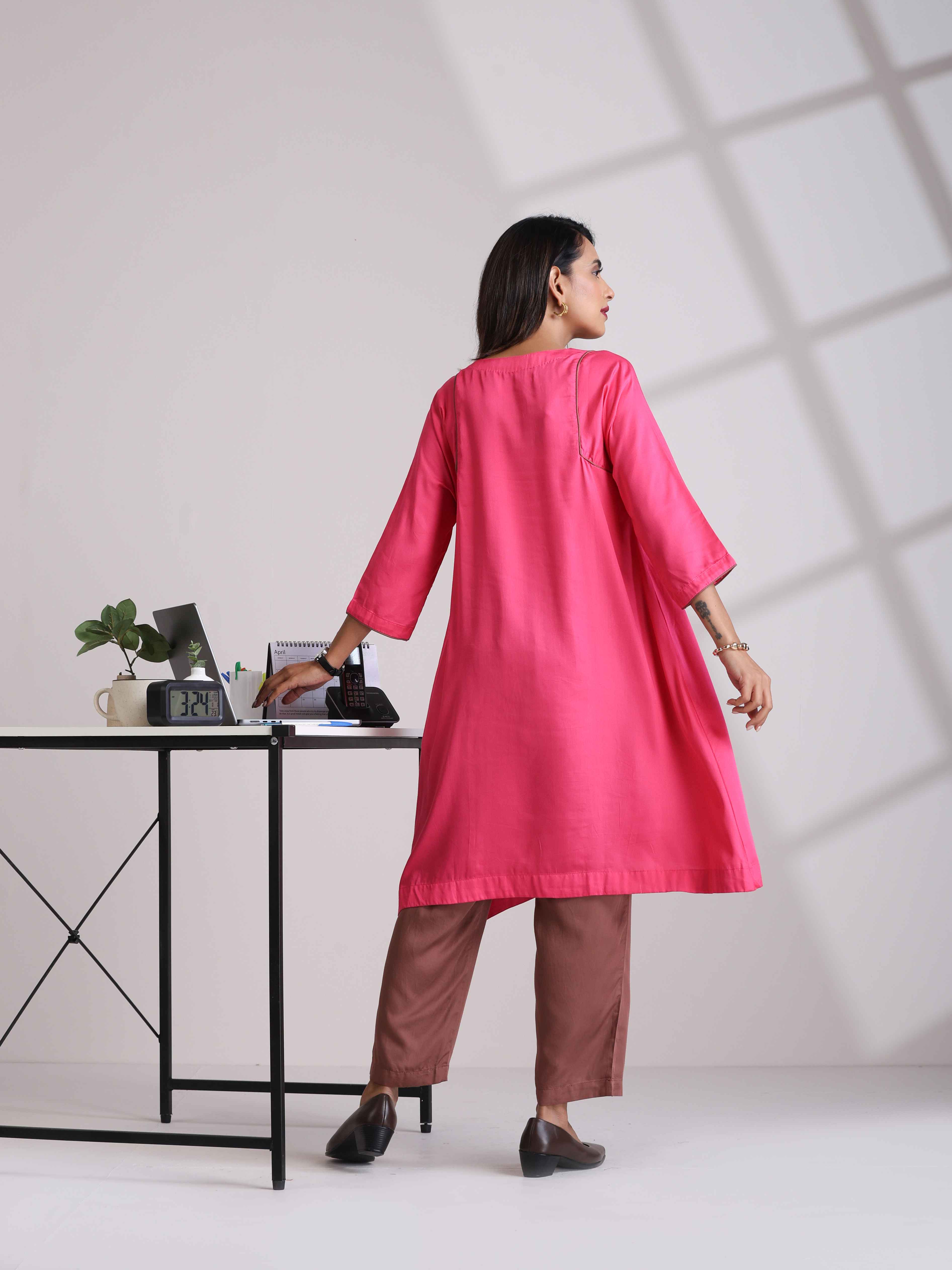 trueBrowns Pink Modal Kimono Kurta Co-ord Set