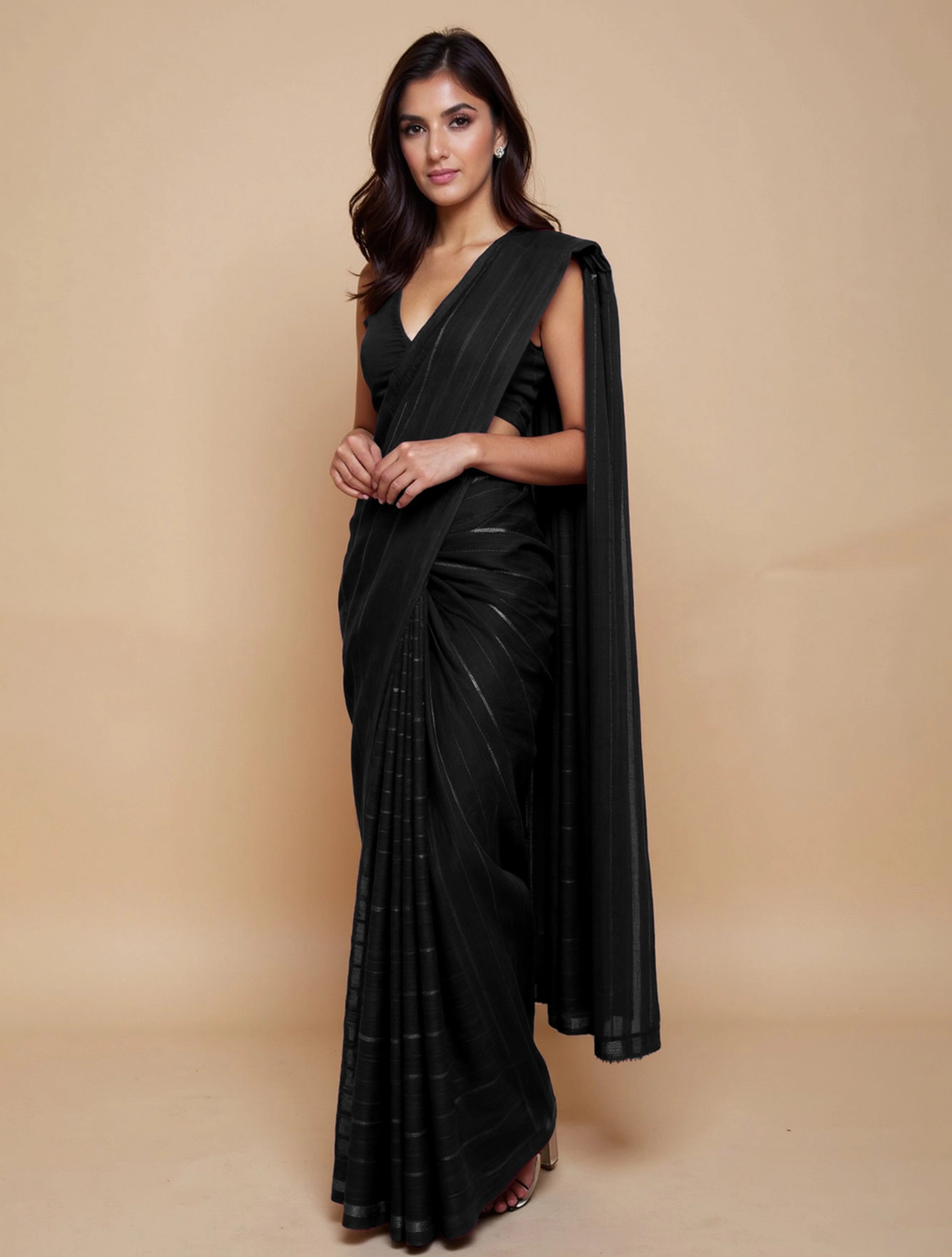 trueBrowns Black Stripe Saree With Unstitched Blouse