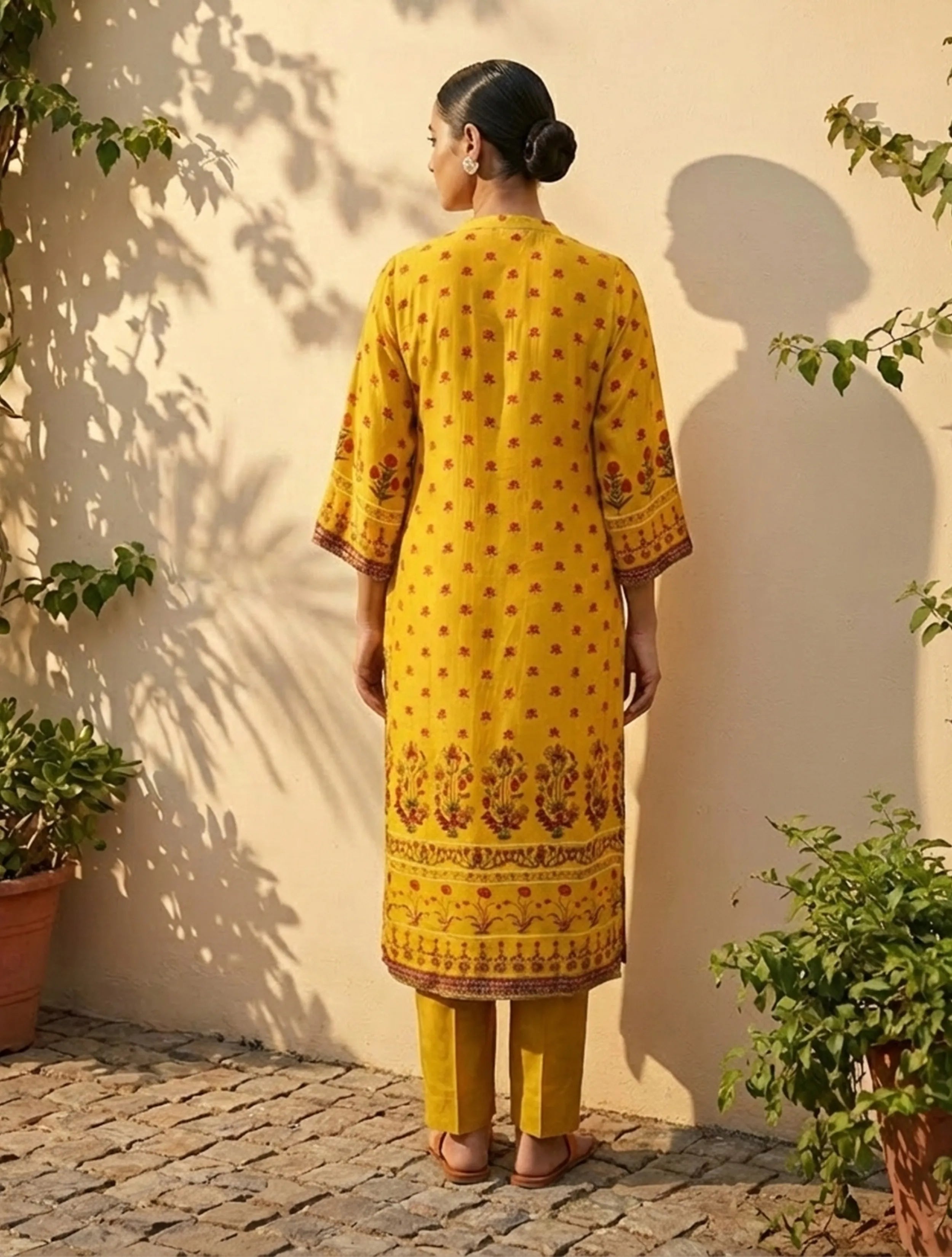 trueBrowns Yellow Floral Print Embroidered Kurta Pant Dupatta Set