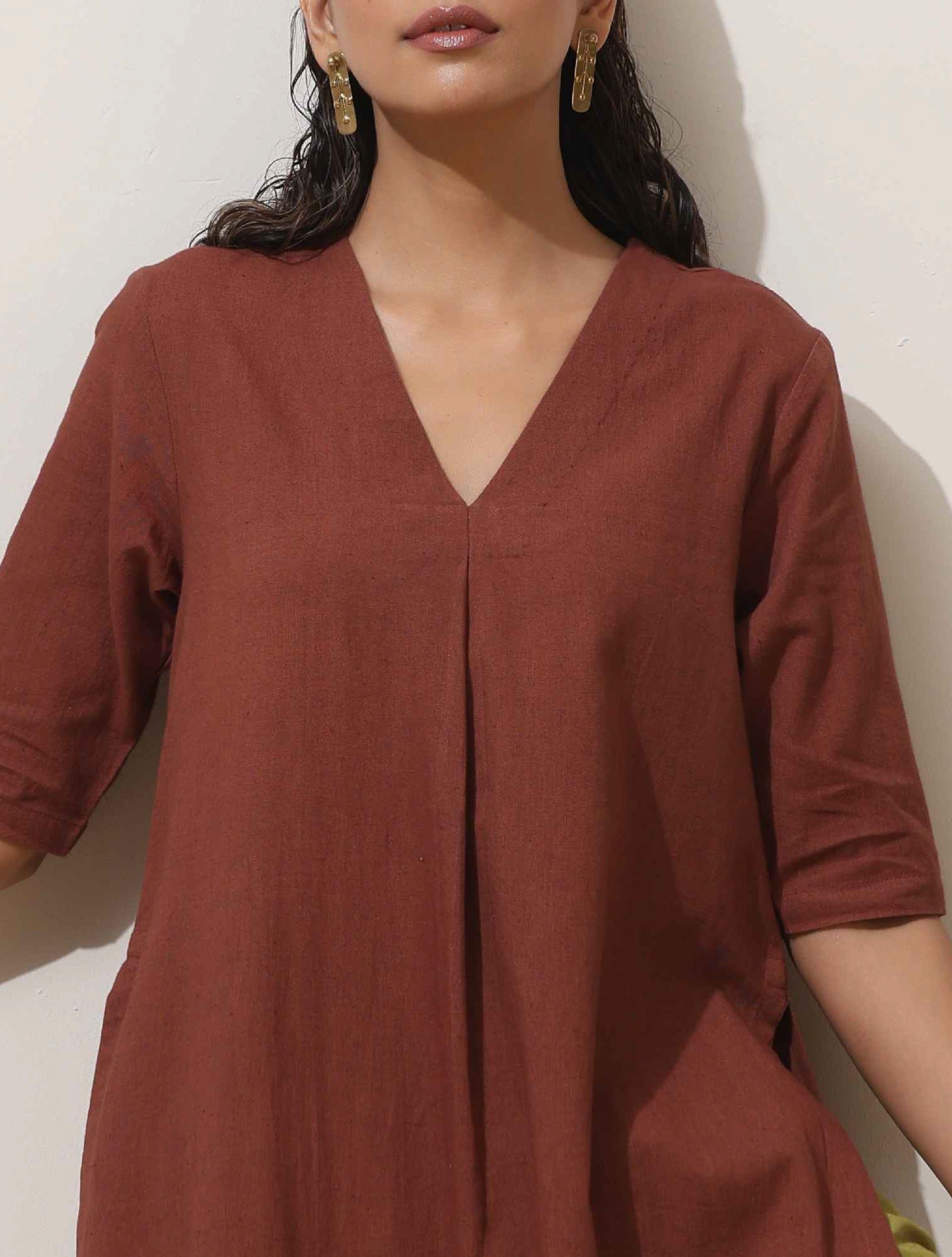 trueBrowns Brown Cotton Linen Kurta Pant Set