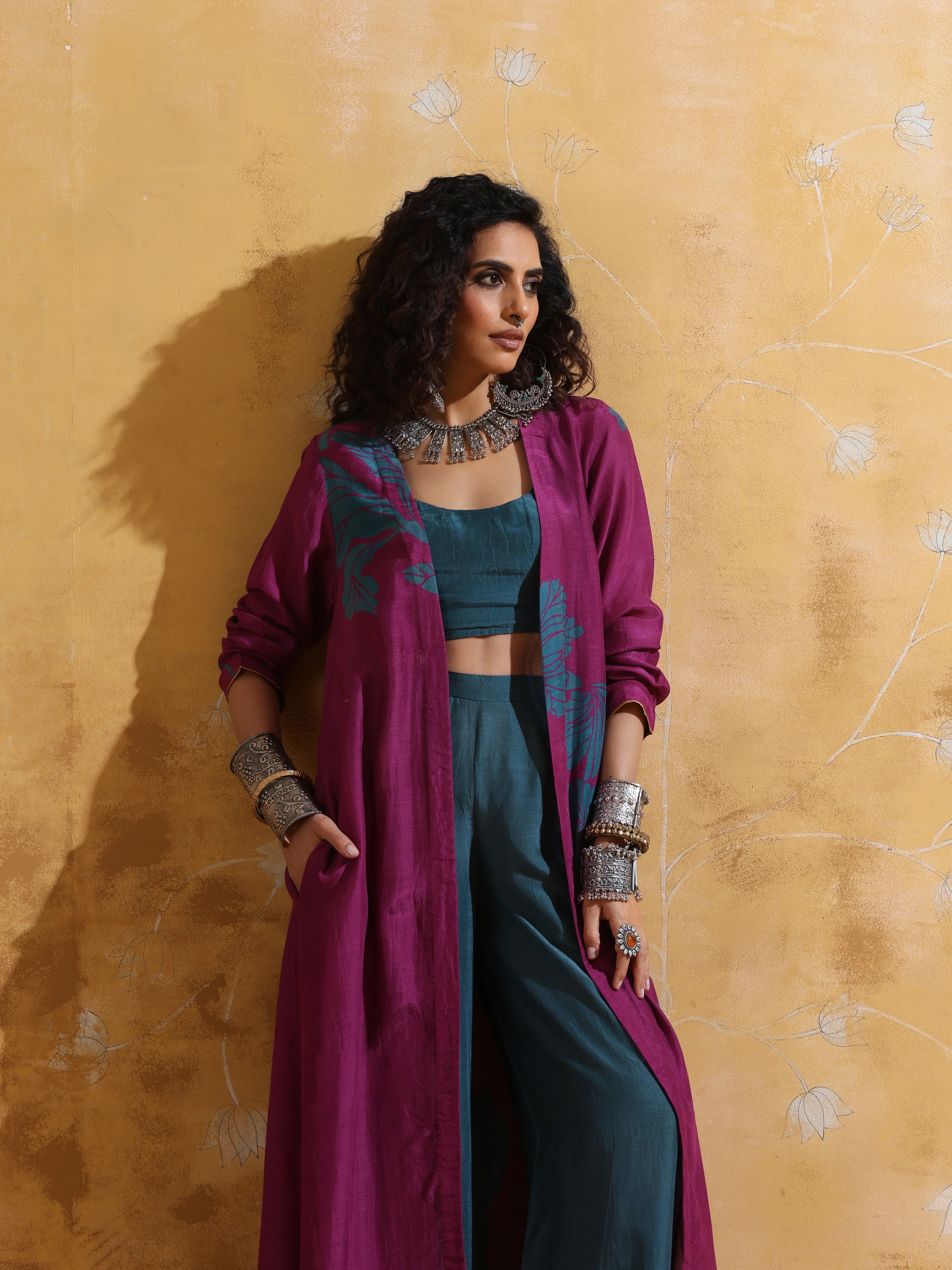 trueBrowns Purple Teal Print Muslin Silk Jacket Set