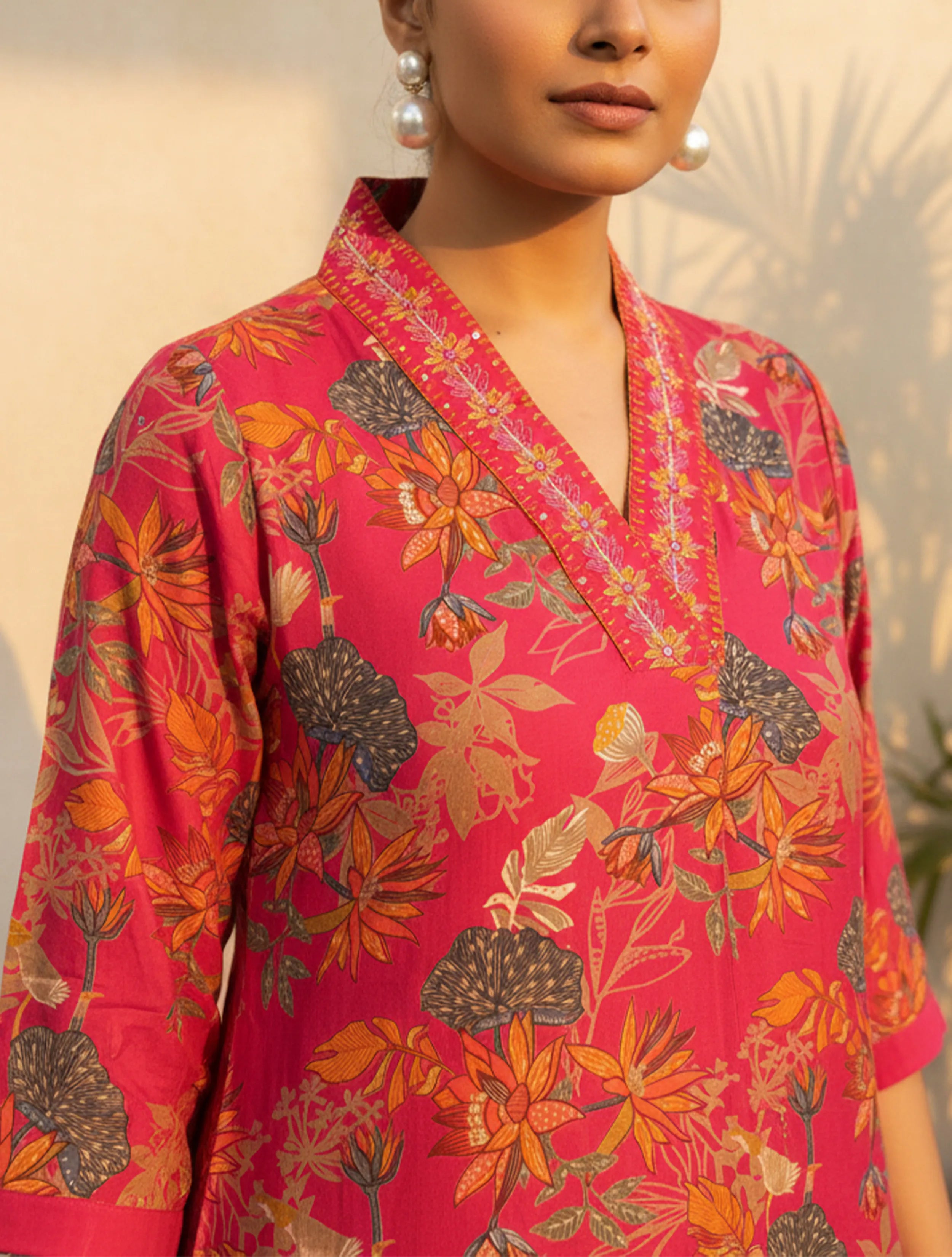 trueBrowns Pink Floral Print Embroidered Kurta Pant Dupatta Set