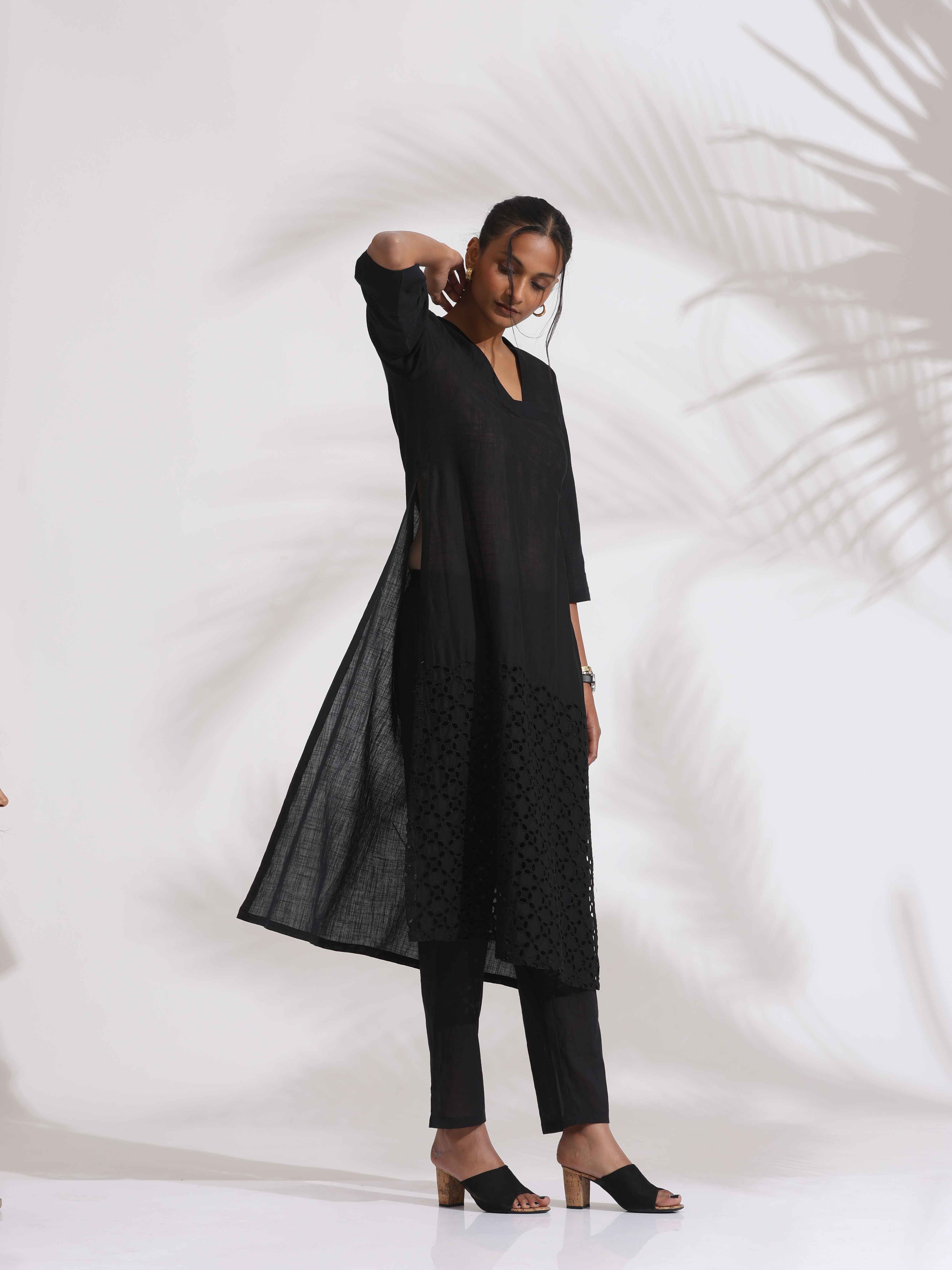 trueBrowns Black Cotton Schiffli Kurta Set