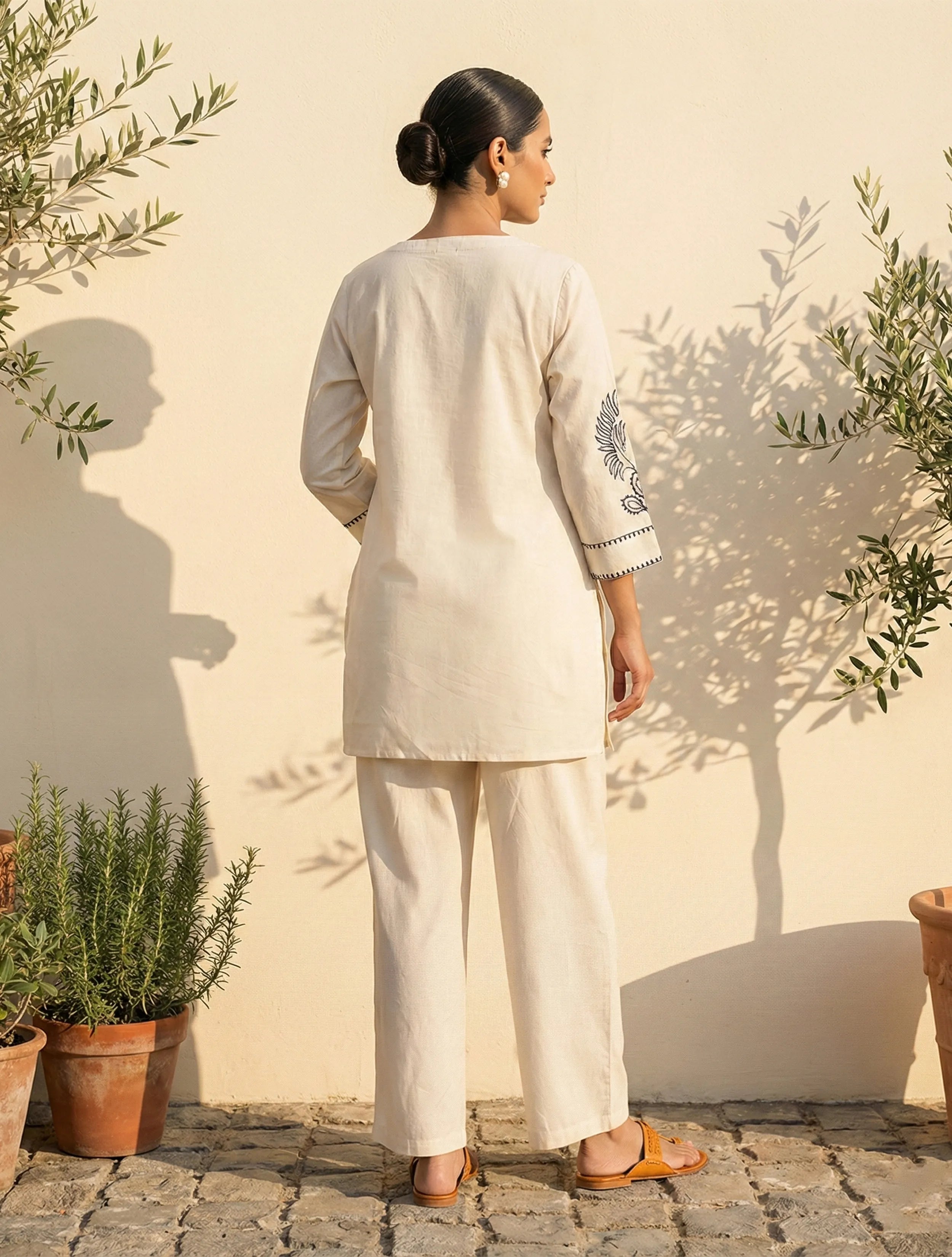 trueBrowns Ivory Black Embroidered Co-Ord Set