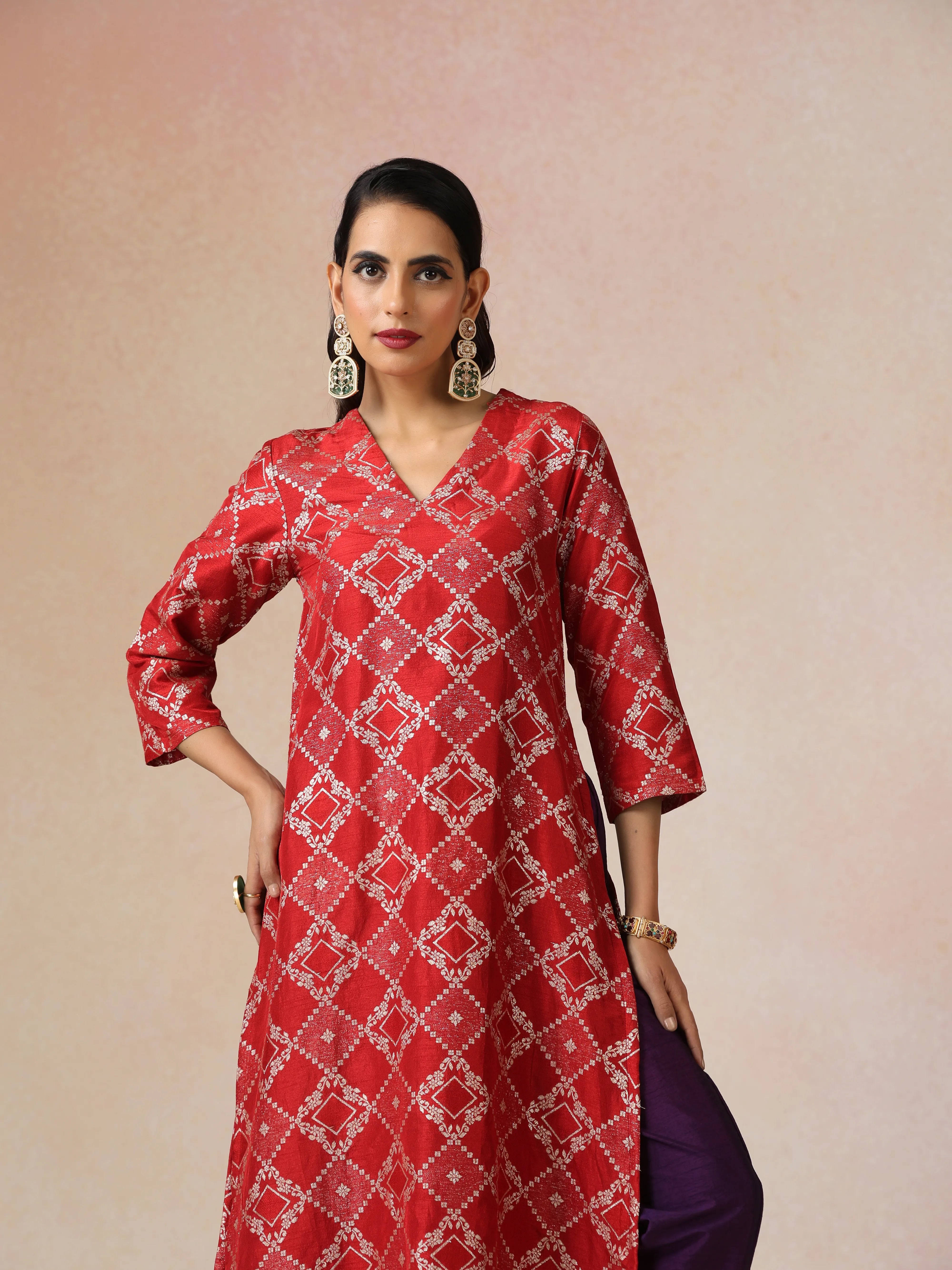 trueBrowns Red Brocade Straight High-Slit Kurta Set
