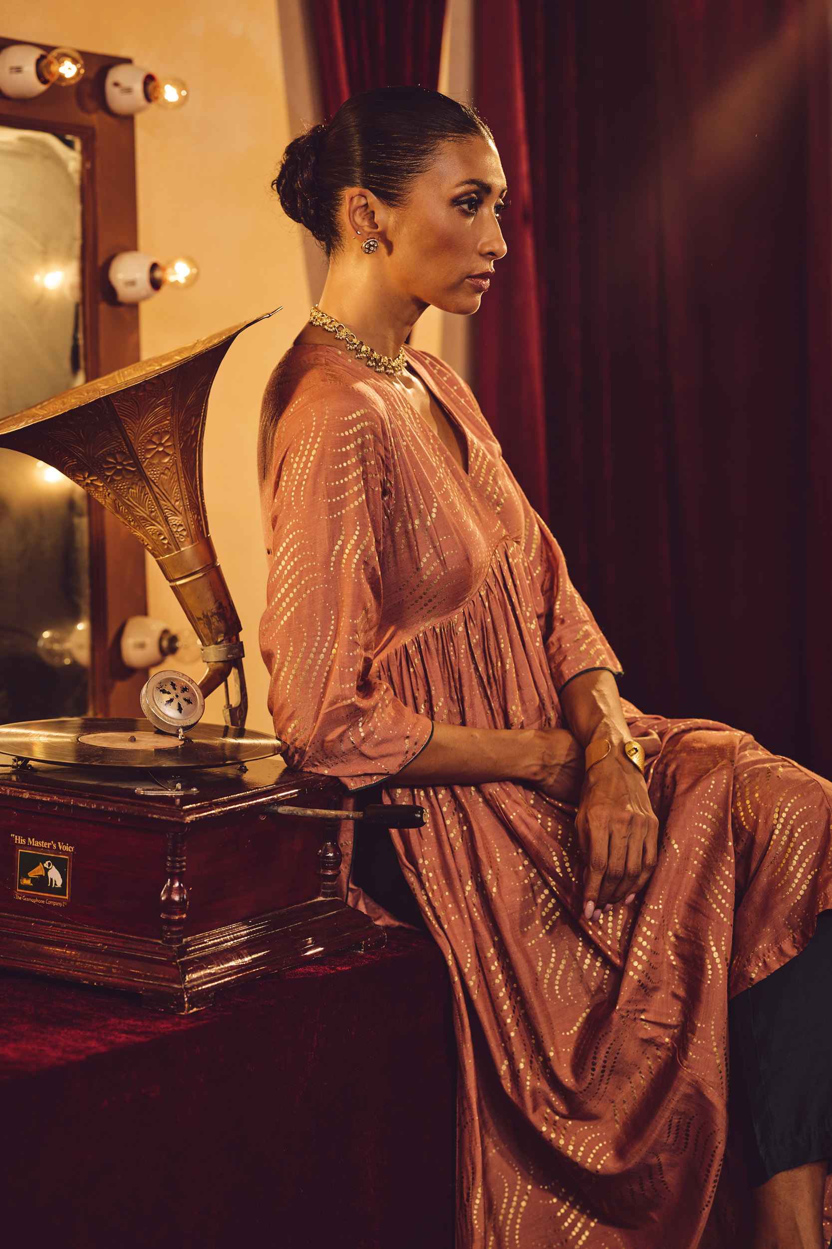 trueBrowns Peach Gold Foil Print Muslin Silk Anarkali High-Slit Kurta Set