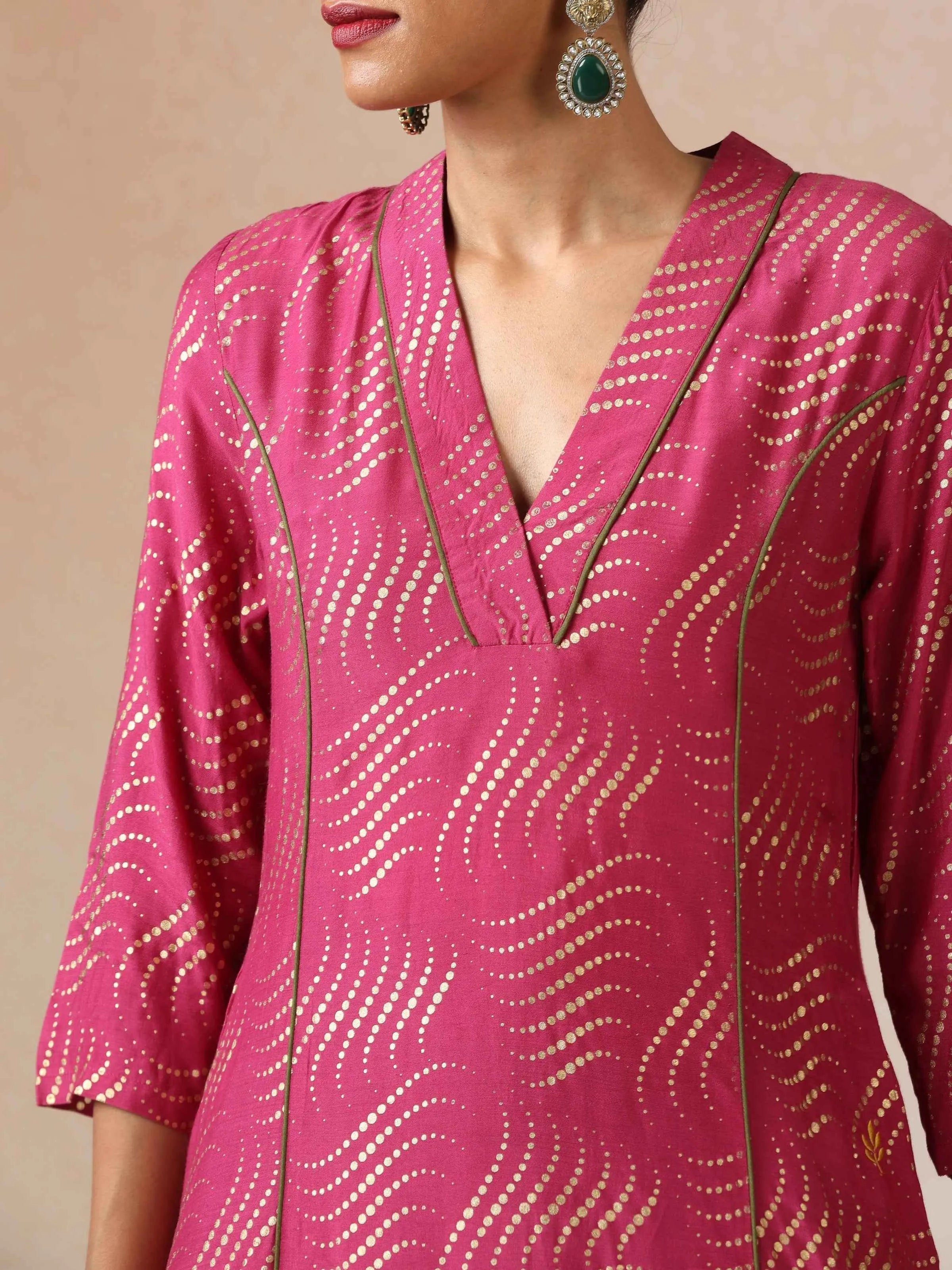trueBrowns Pink Gold Foil Print Muslin Silk A-line Kurta Set